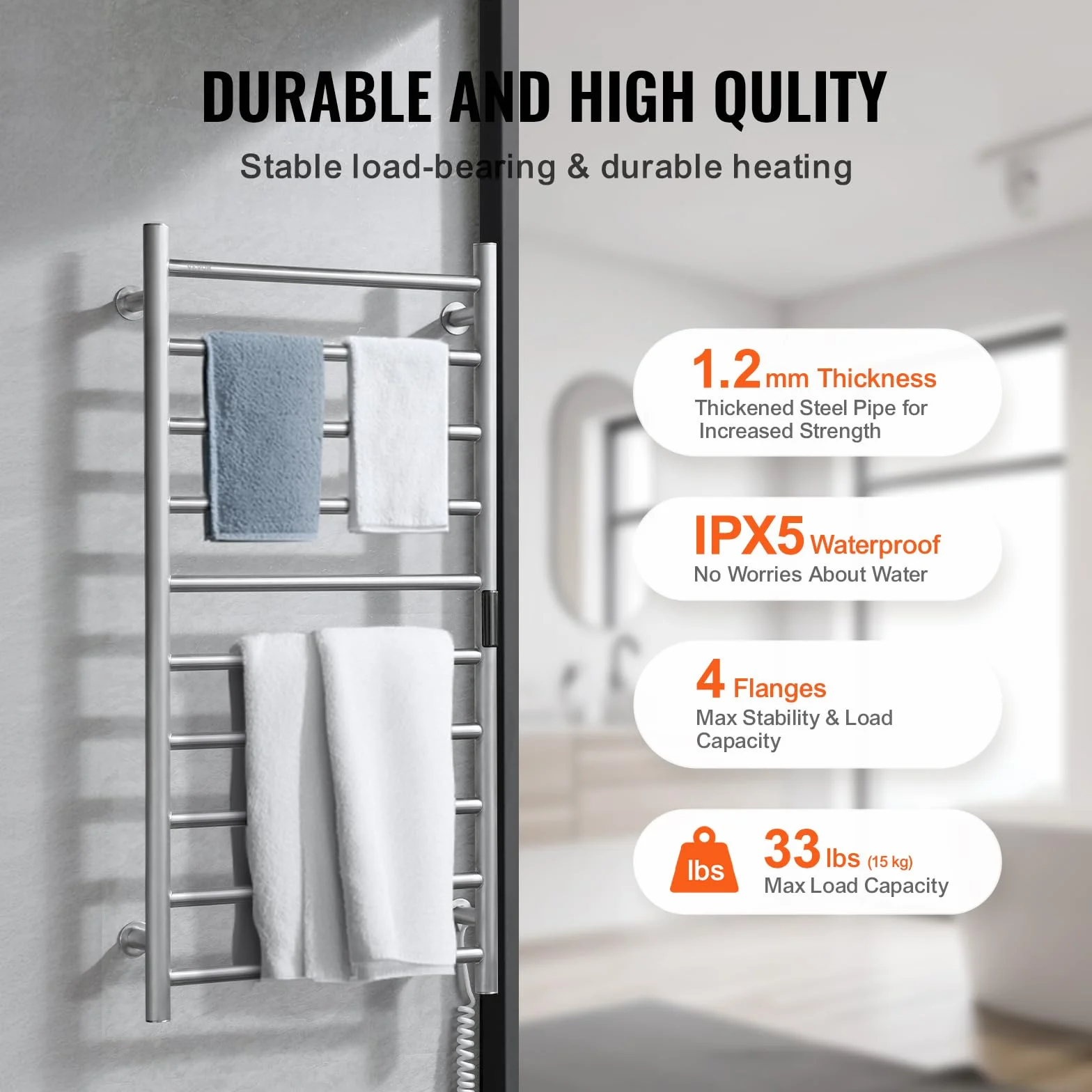 VEVOR Calentador de Toallas con Radiador Toallero con 10 Barras Calentador de Toallas Impermeable con Temporizador y Pantalla LED 5 Niveles de Temperatura Ajustables Montado en la Pared, Plata