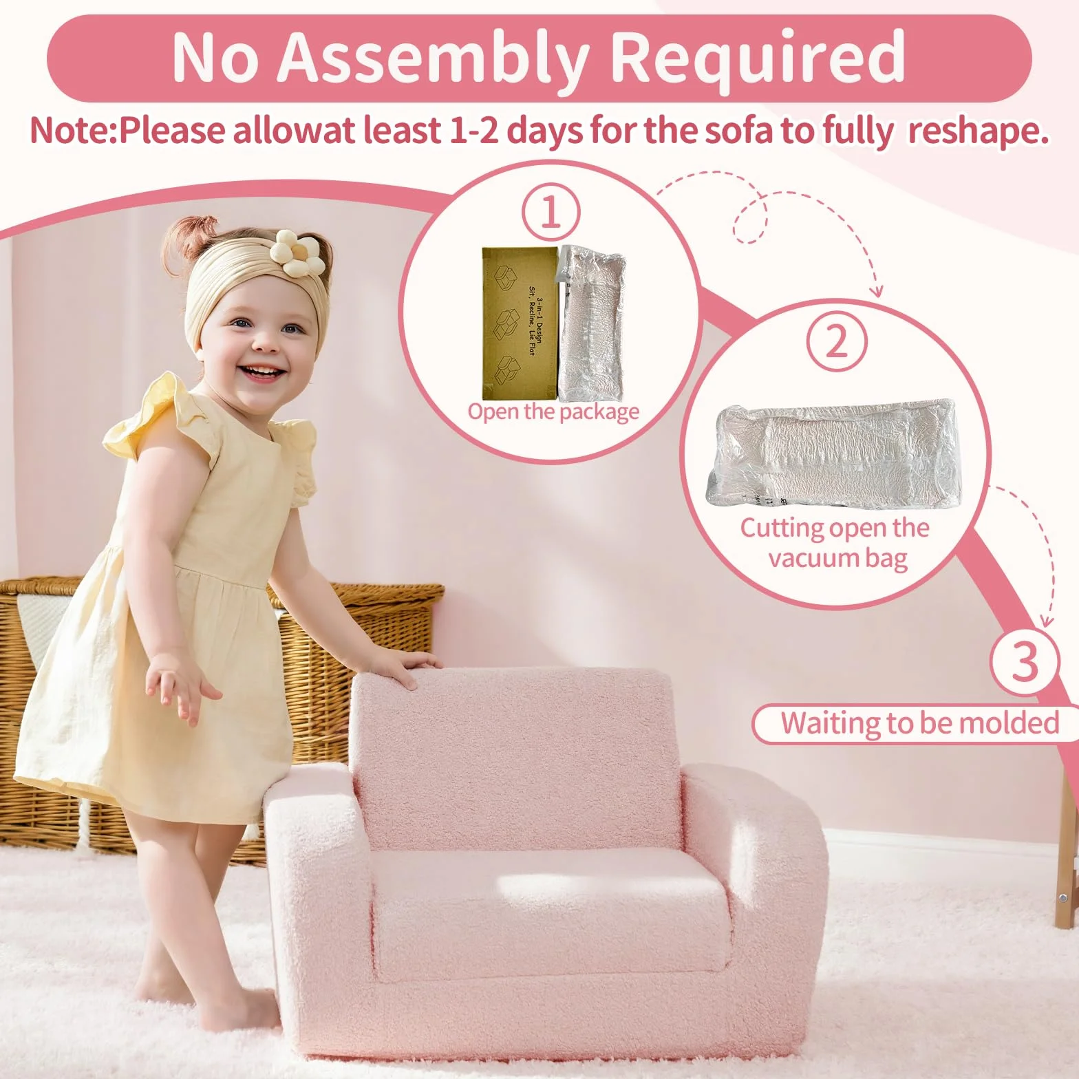 KidBloom 3 in 1 Infantil Sofa de Tela Sherpa Rosa para Niñas 1-3 Años