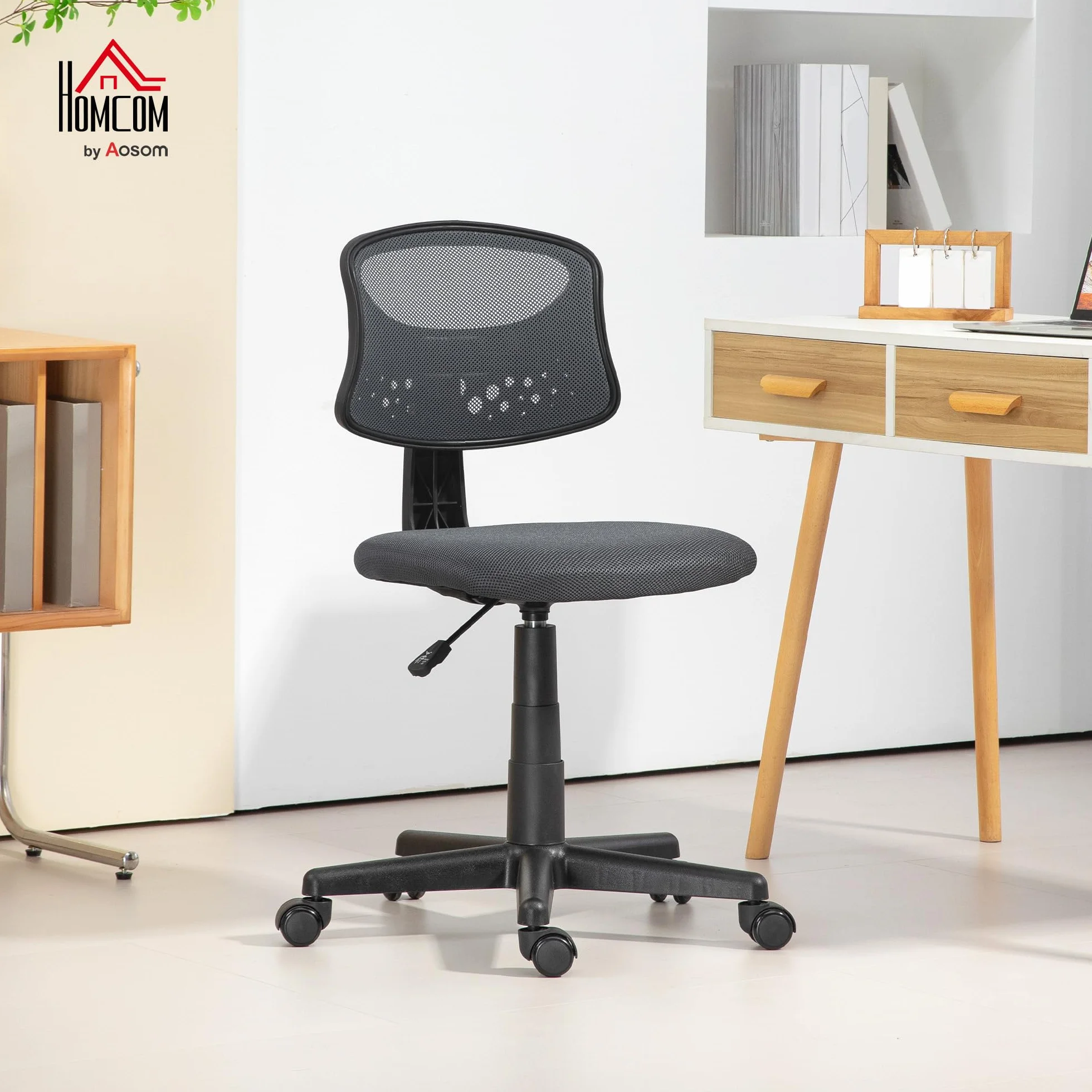 HOMCOM Silla de Oficina Ergonómica sin Brazos Giratoria Respaldo Malla Transpirable Altura Ajustable 120 kg Gris