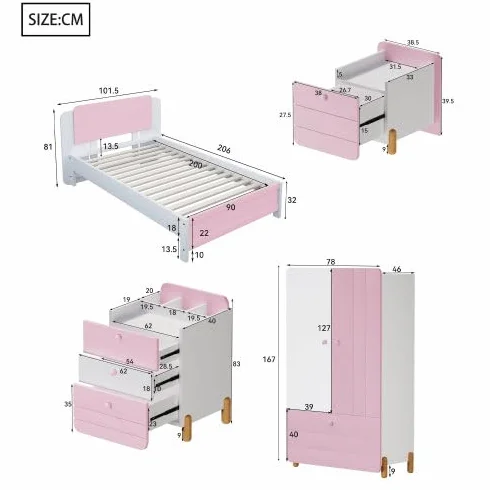 Dolamaní Juego completo de muebles para habitación juvenil, cama individual de 90 x 200 cm, mesita de noche con 3 cajones, 1 cajón, armario, cama, para niños y niñas (rosa)