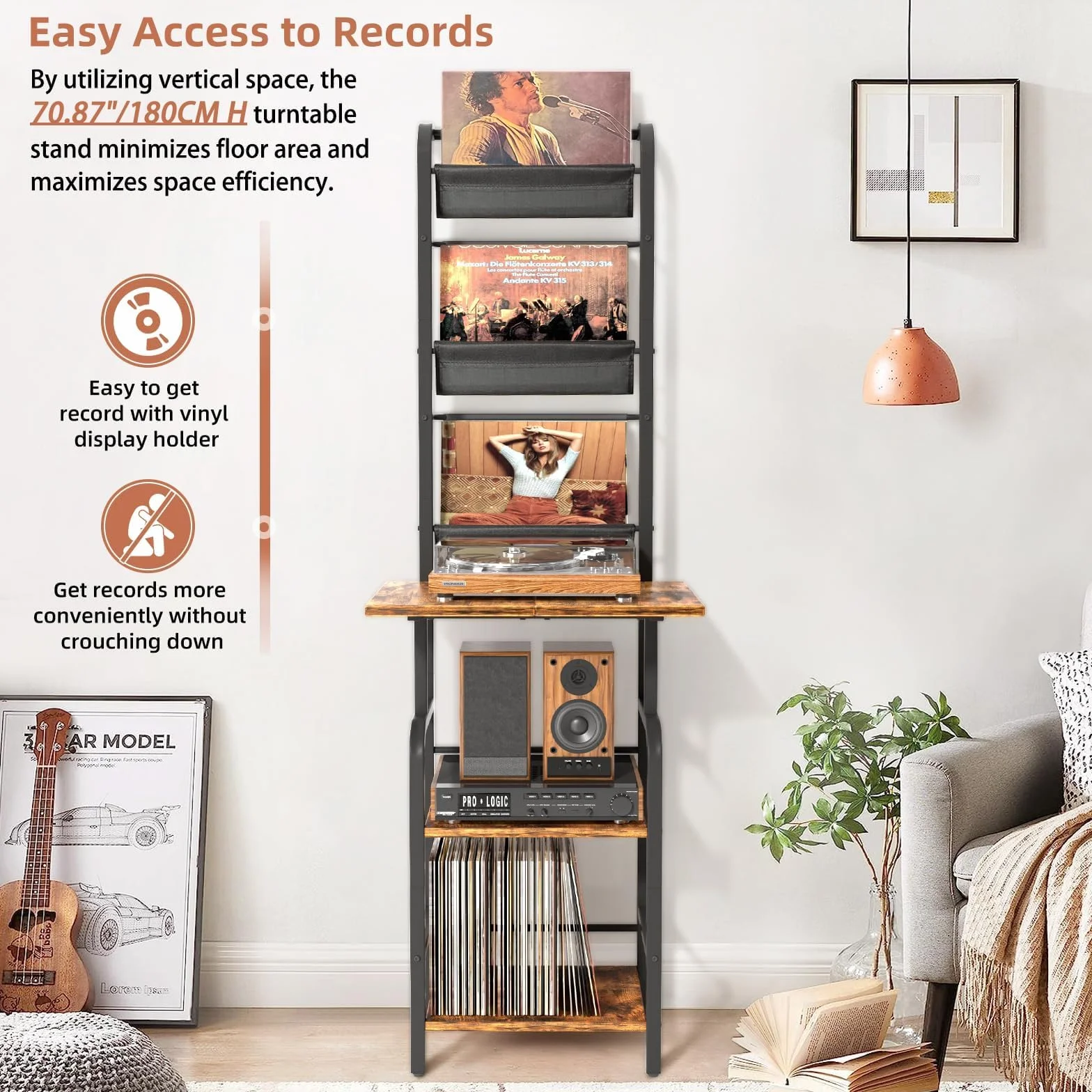 Bikoney Mueble Tocadiscos Alto con Almacenamiento para Vinilos – Estante para Tocadiscos con Soporte de Pared, Organizador para Hasta 200 Discos de Vinilo