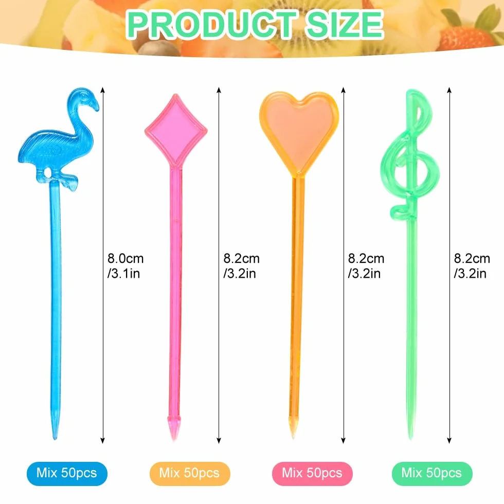 Palillos para Aperitivos de Plástico Multicolor 200 Piezas para Brochetas, Frutas y Tortas