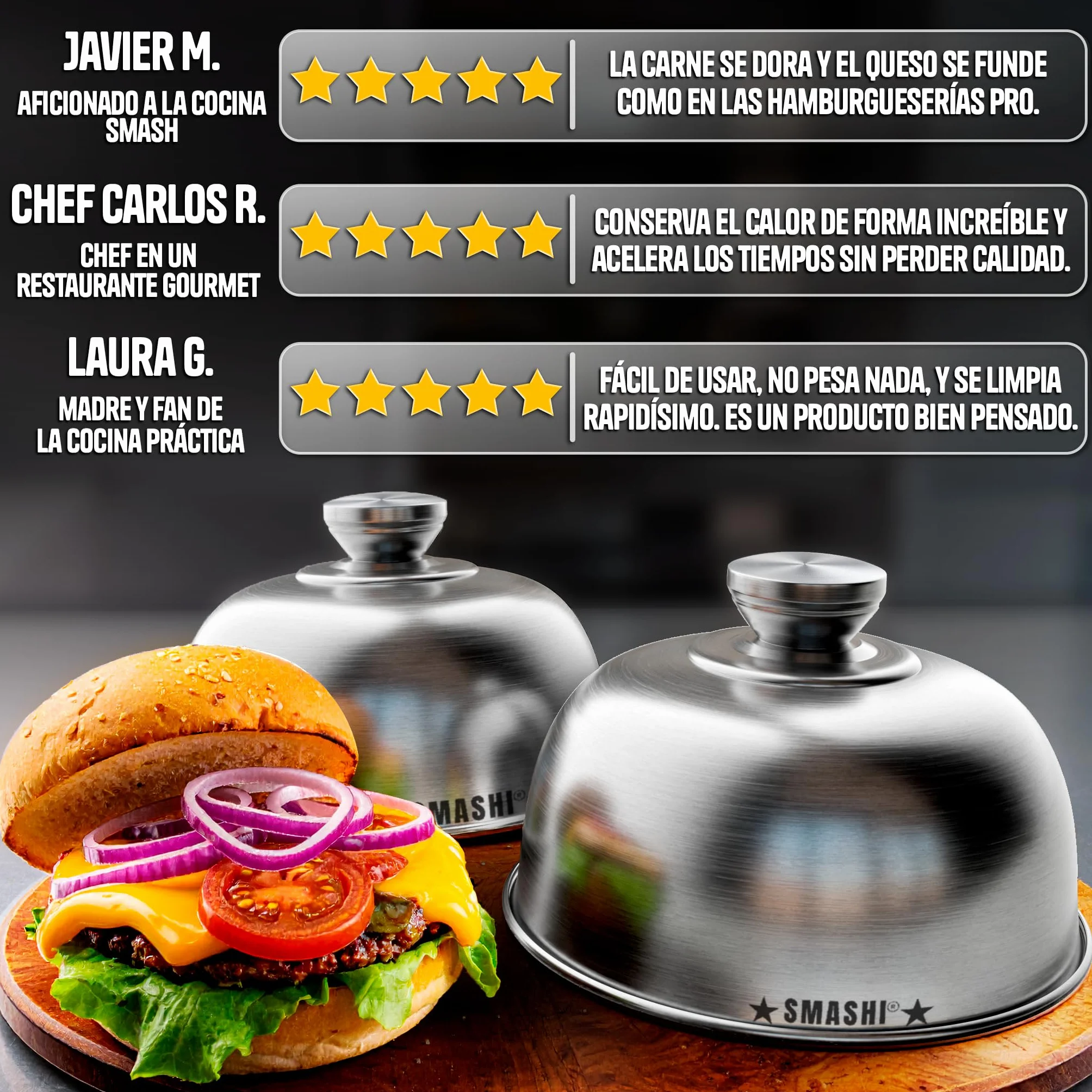 SMASHI® Set de 2 Campanas para Smash Burger – Tapa de Acero Inoxidable 304, Diámetro 16cm