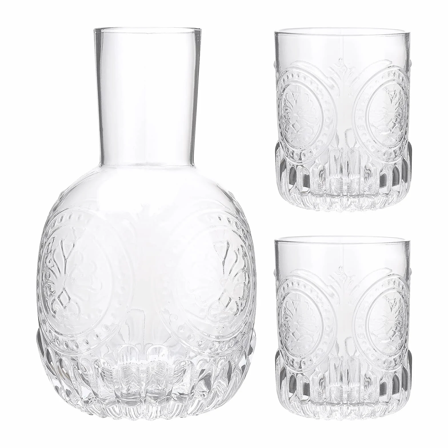 Jarra de agua para mesita de noche, 1 jarra y 2 tazas, juego de jarra de agua nocturna de 32 onzas con vaso de vidrio, jarra de jugo de vidrio, jarra de agua gruesa para enjuague bucal para baño