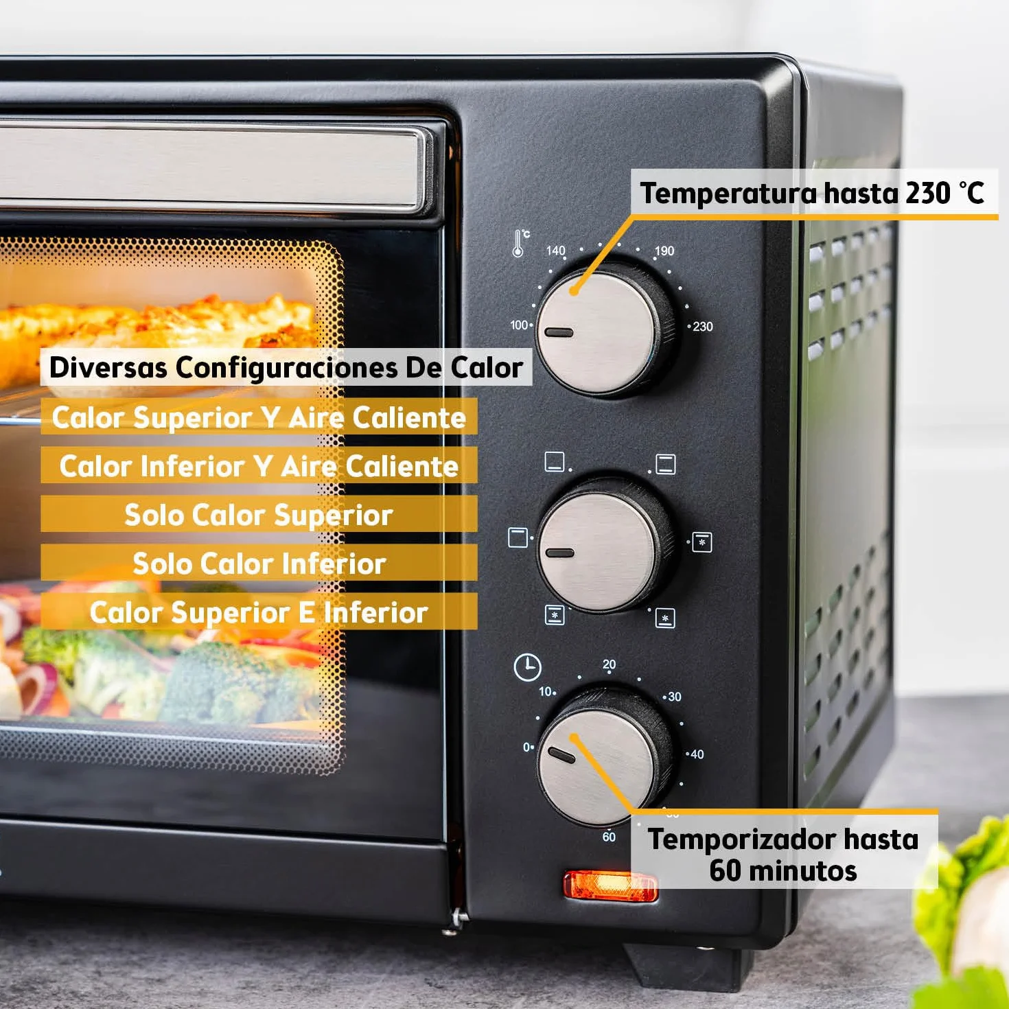 First Austria Mini Horno 30L 1600W Horno Eléctrico con Termostato 230°C Temporizador 60min 3 Alturas Bandeja Parrilla