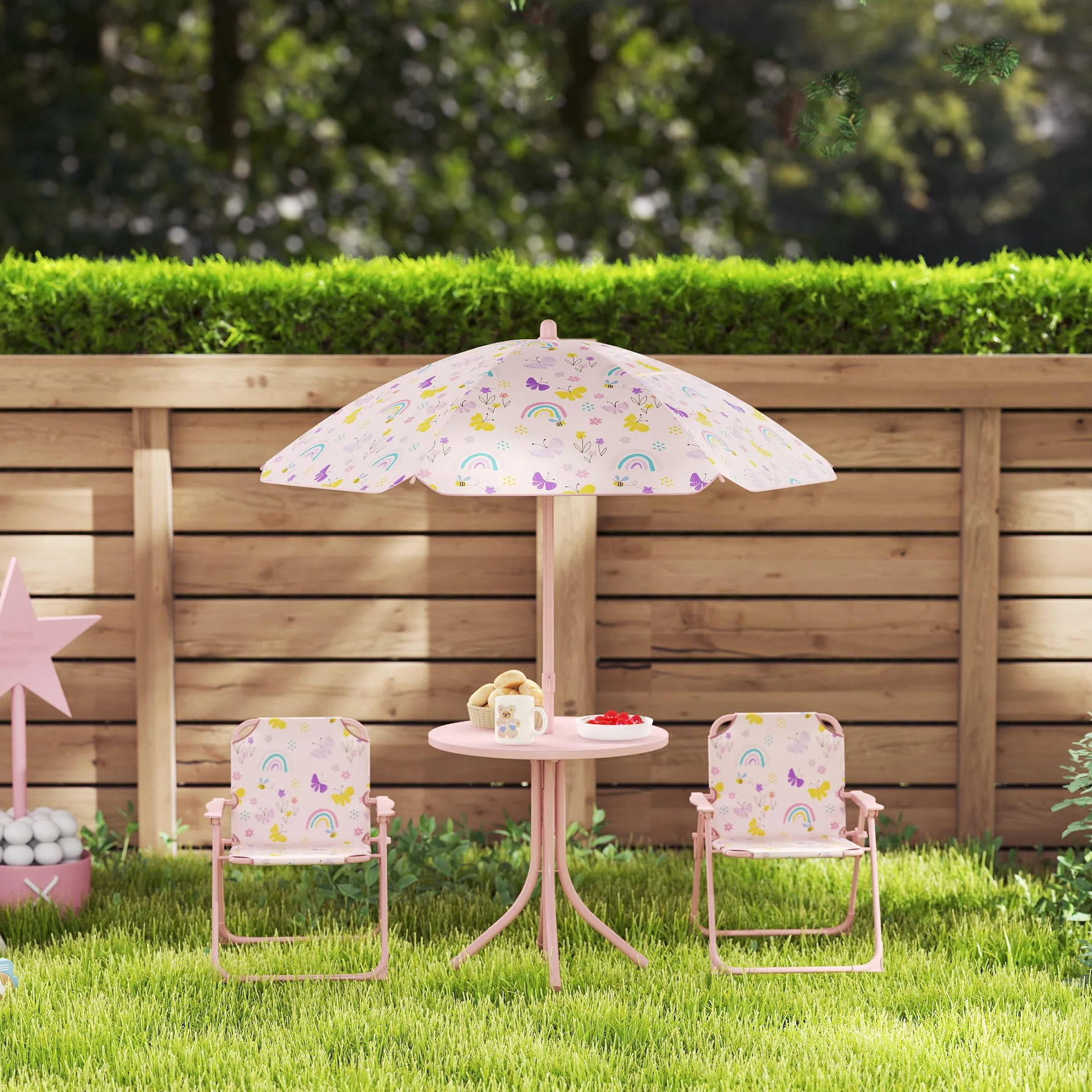 AIYAPLAY Conjunto de Mesa y Sillas Infantil de Jardín 4 Piezas con Sombrilla Ajustable