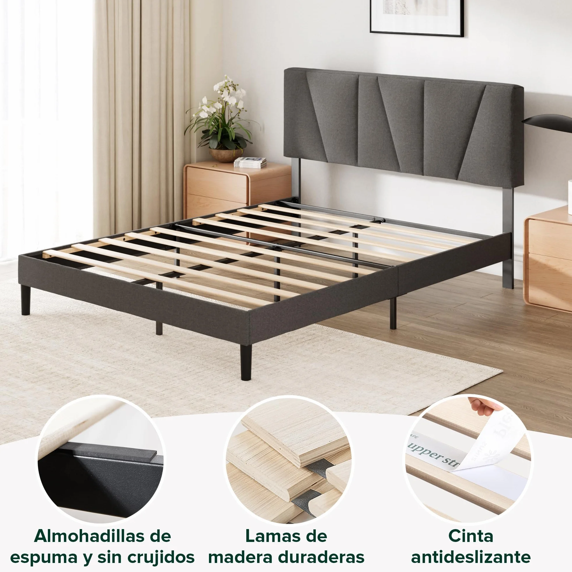 Zinus Maya Estructura Cama 150x190 cm Queen Size Tapizada con Cabecero Láminas de Madera Gris Oscuro