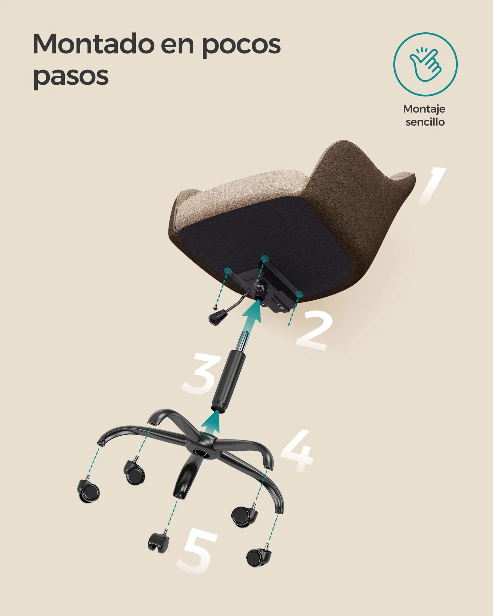 SONGMICS Silla de Estudio Giratoria Ajustable 110 kg Marco Acero Tela Algodón-Lino Transpirable Marrón