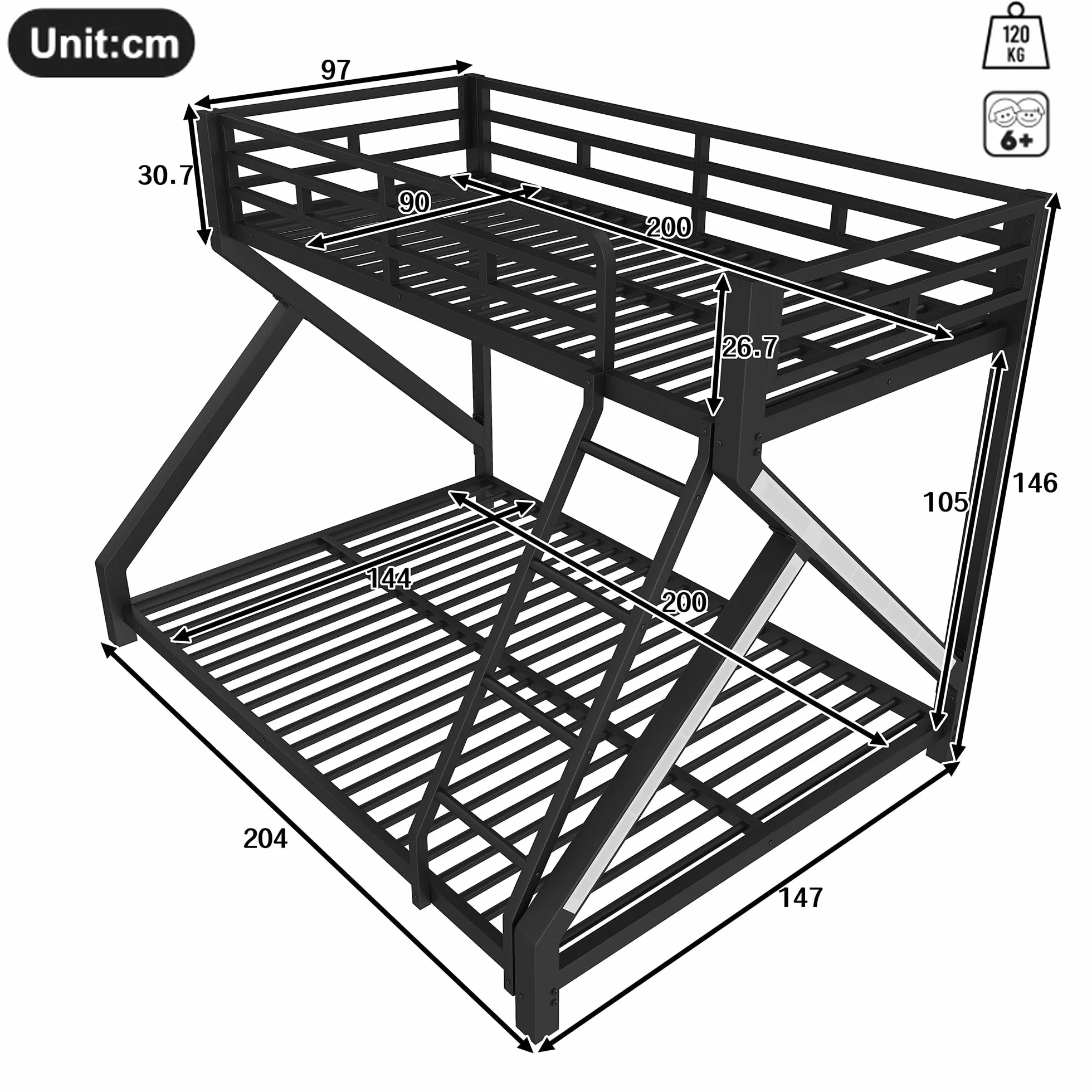 Litera con LED para niños y adultos, cama infantil con barandilla y escalera, hierro 90x200+140x200 cm, negro