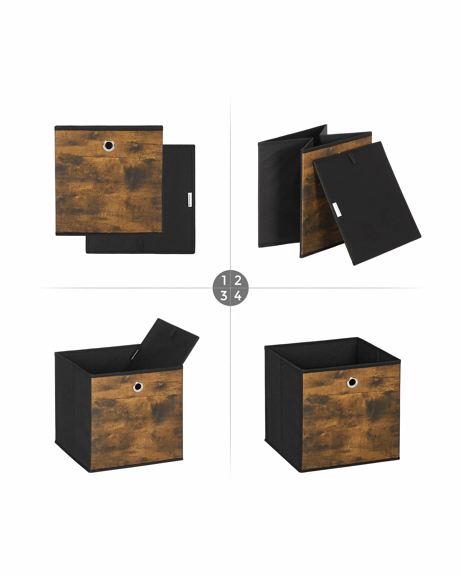 SONGMICS Caja Almacenaje 6 Cajas Almacenamiento Tela Oxford 30x30x30 cm Plegable Marrón Rústico y Negro