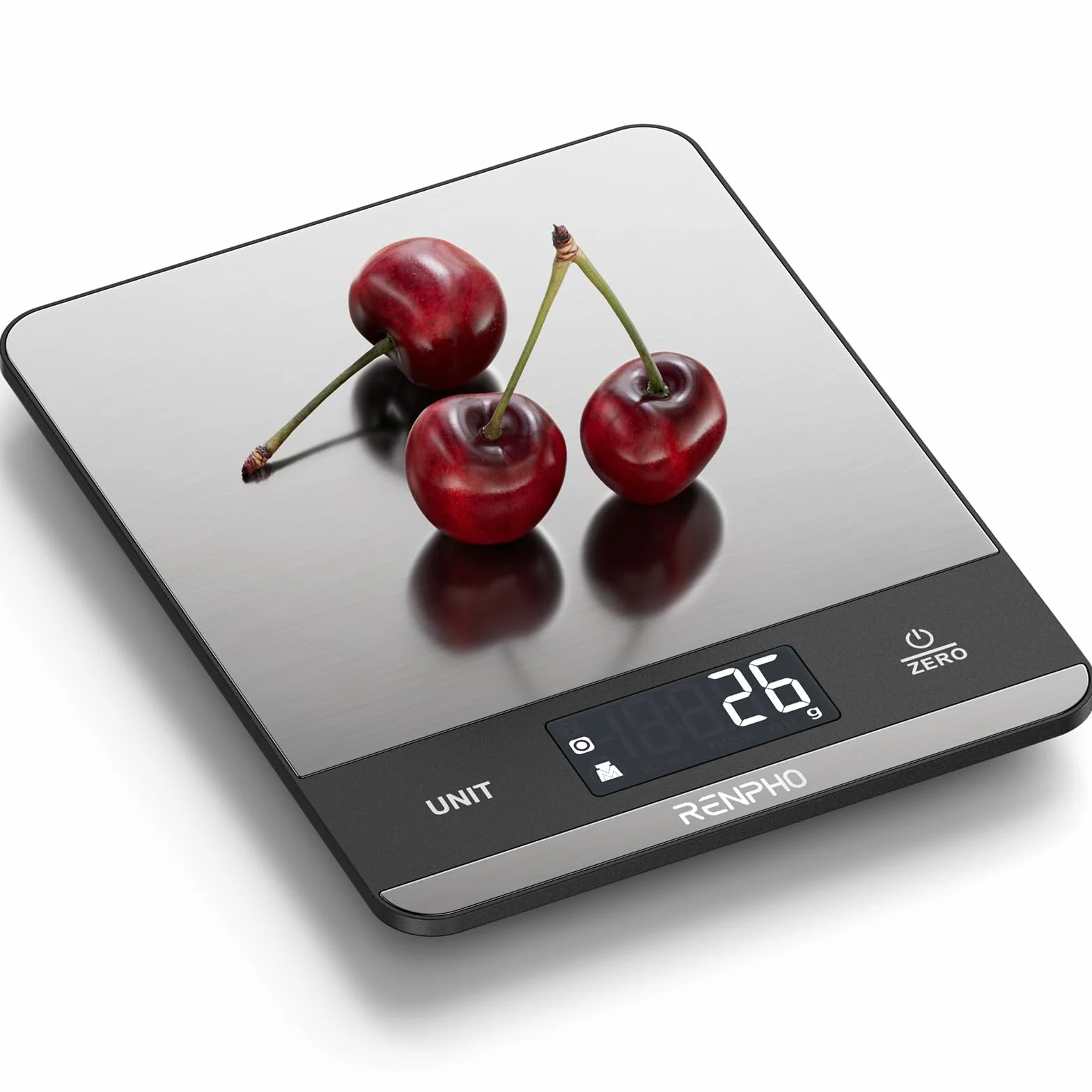 RENPHO Bascula Cocina Acero Inoxidable con 7 Unidades, Alta Precisión Balanza Peso de Cocina Digital, Bascula Comida para Hornear, Cocinar, Pantalla LCD, Batería Incluida