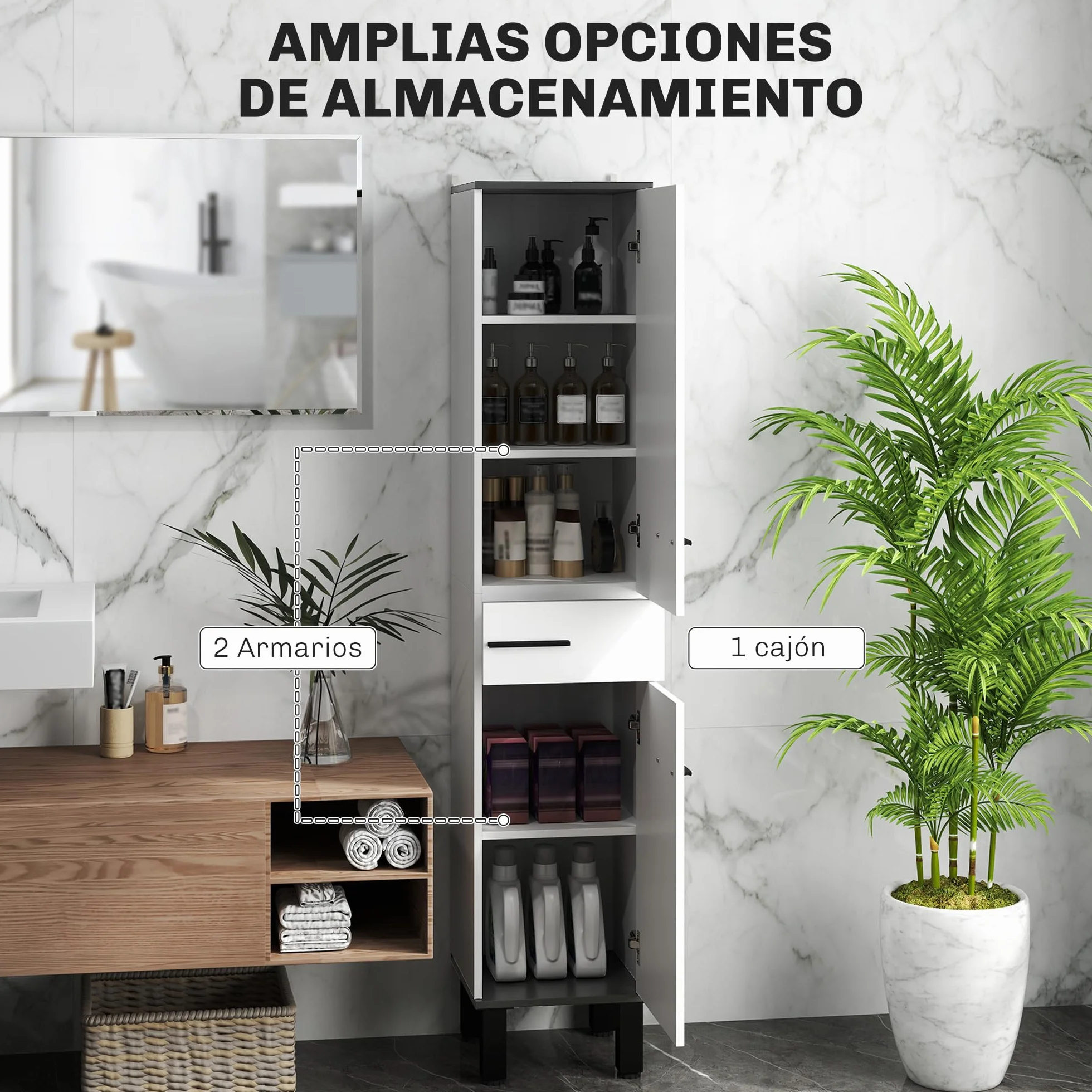 HOMCOM Columna de Baño Armario Alto de Baño con Cajón 2 Puertas y Estantes Ajustable Mueble Auxiliar de Baño Moderno Anti-vuelco 34x32x170 cm Blanco