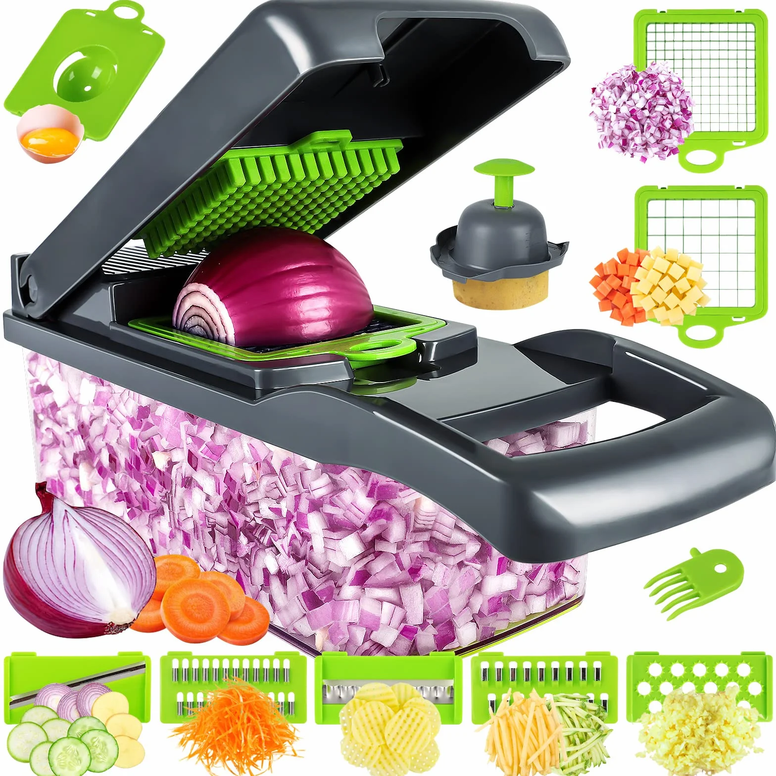 MAIPOR Picadora de verduras/Picadora de cebollas profesional, picadora de alimentos multifuncional 13 en 1, cortadora de verduras de cocina con 8 cuchillas, picadora de zanahorias y ajos con