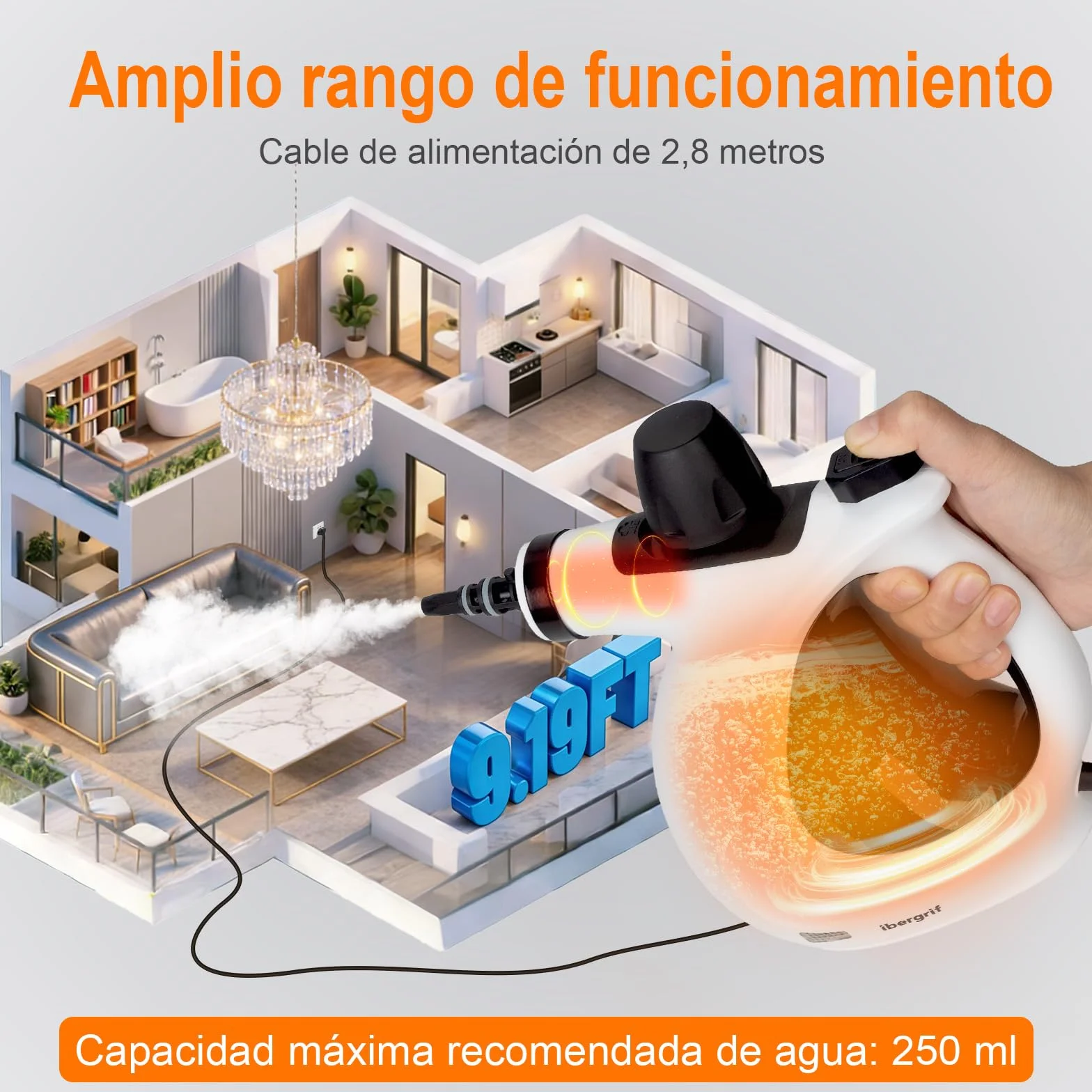 Ibergrif Limpiador de Vapor Portátil 1050W 3 Bar 9 Accesorios 350ml Blanco