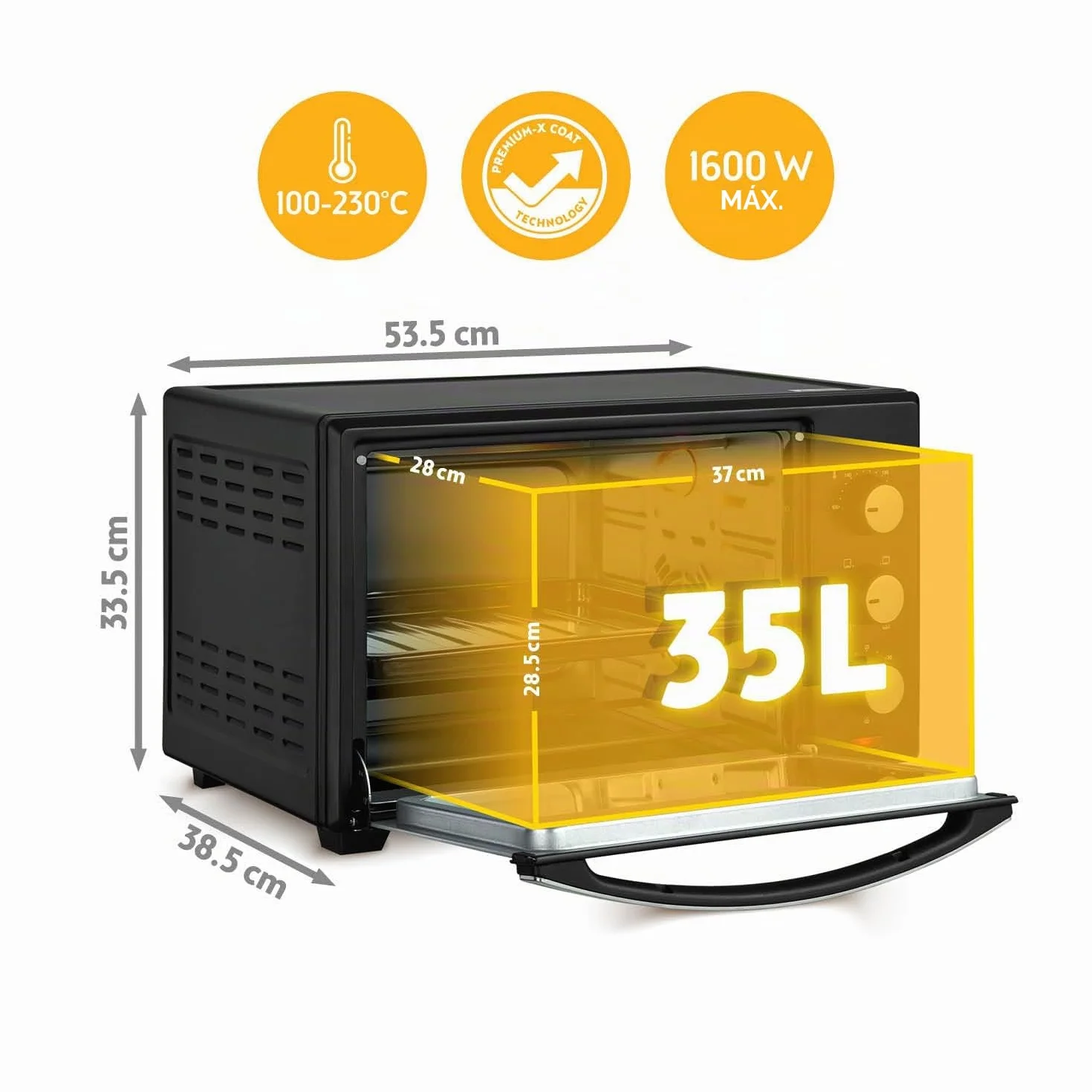 TZS First Austria - Mini Horno 35L 1600W - Minihorno pizza con regulación de temperatura 230°C y revestimiento antiadherente - Con temporizador de 60 min, 3 alturas de inserción, bandeja y parrilla