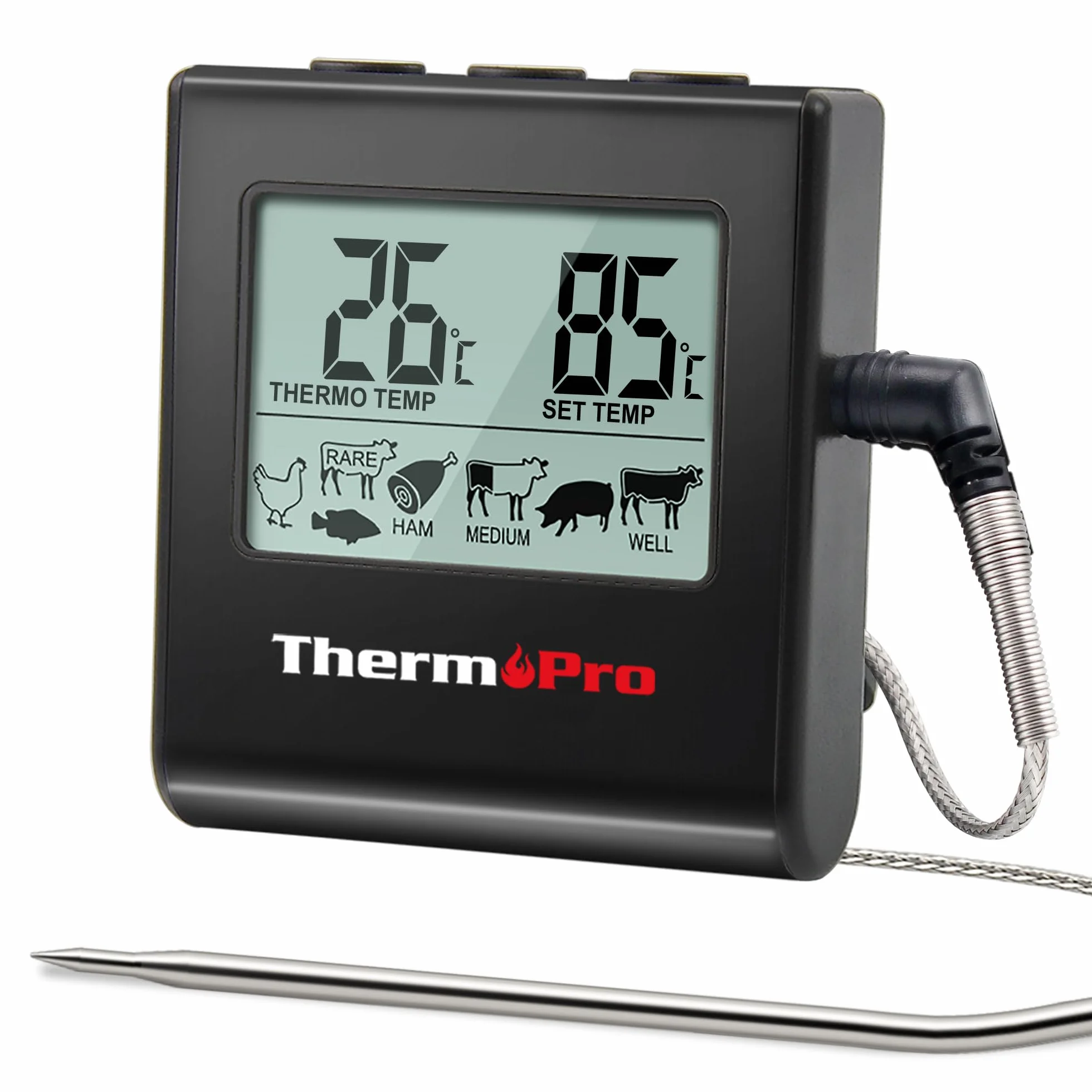 ThermoPro TP16B Termómetro digital de Cocina Carne Alimento para Barbacoa Horno Leche Parrilla con Temporizador y Alarma, la Sonda de Acero inoxidable, Negro