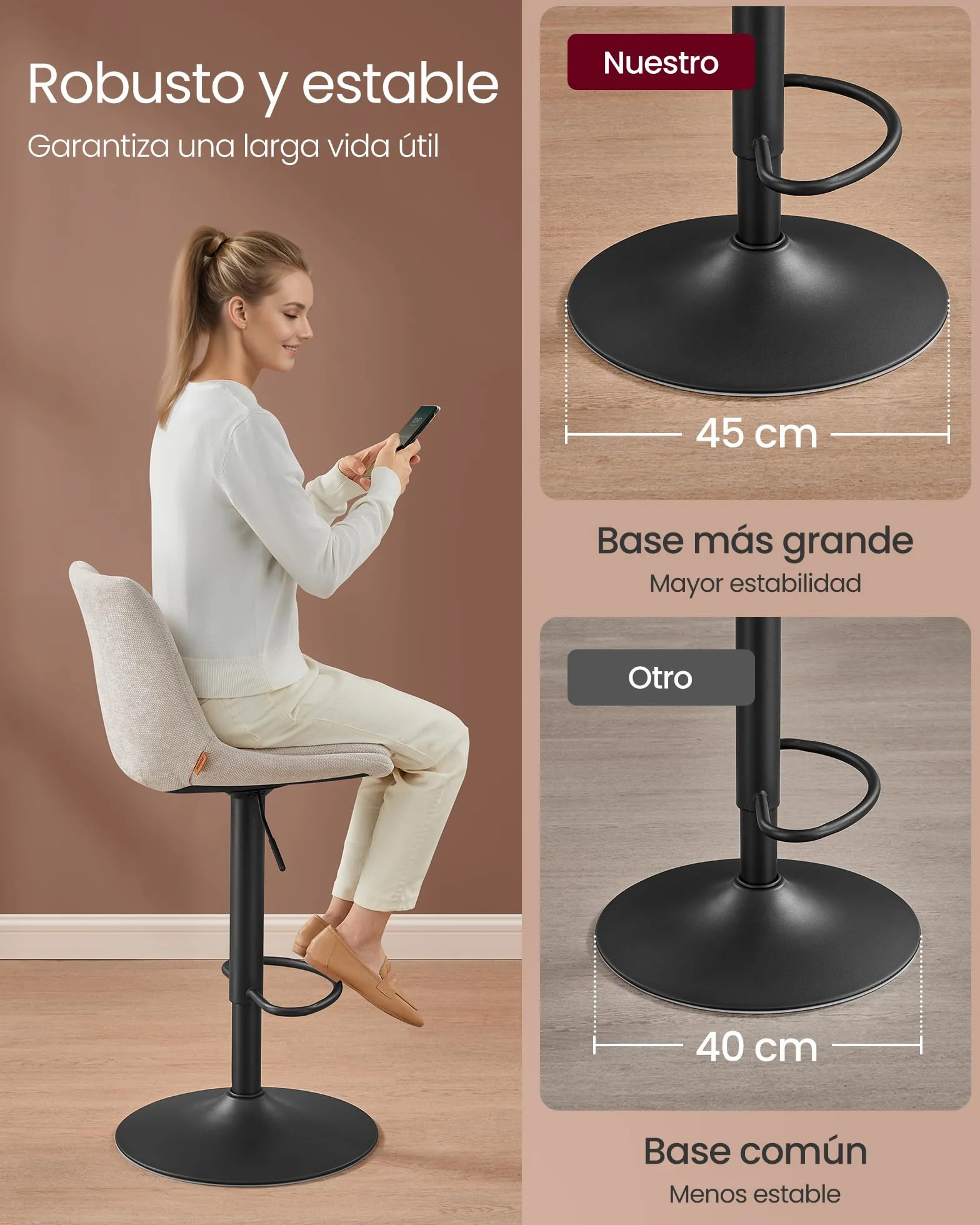 VASAGLE Juego de 2 Taburetes de Bar, Sillas Altas Giratorias Regulables en Altura, Acero, Blanco Crema
