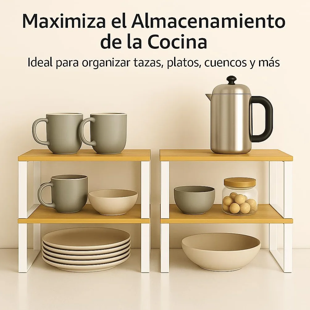Estante de Cocina Organizador, Juego de 2, Soporte Apilable de Armario y Encimera, Estantería de Almacenamiento de Metal y Madera Técnica, Blanco