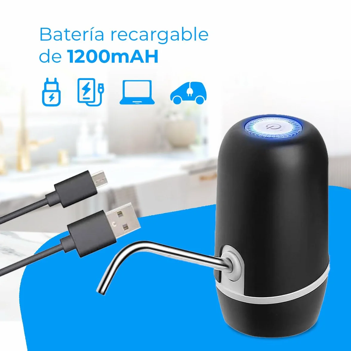 NK Dispensador de Agua Automático Carga USB 1200mAh Acero sin BPA Negro 16cm
