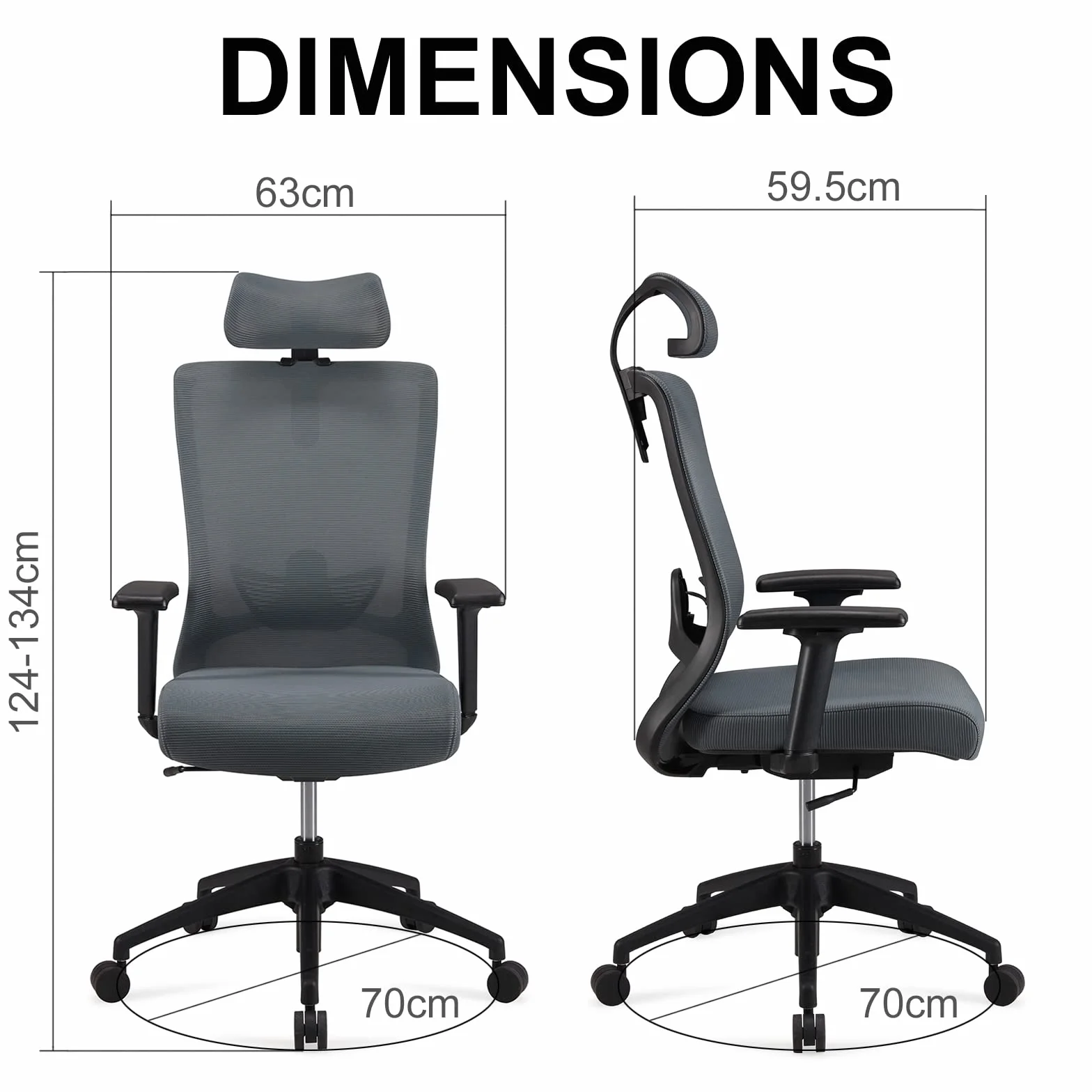 Amazon Basics Silla ejecutiva ergonómica, respaldo alto, silla de escritorio, silla de oficina, reposacabezas ajustable, reposabrazos y soporte lumbar, 63 x 59,5 x 124 cm, gris