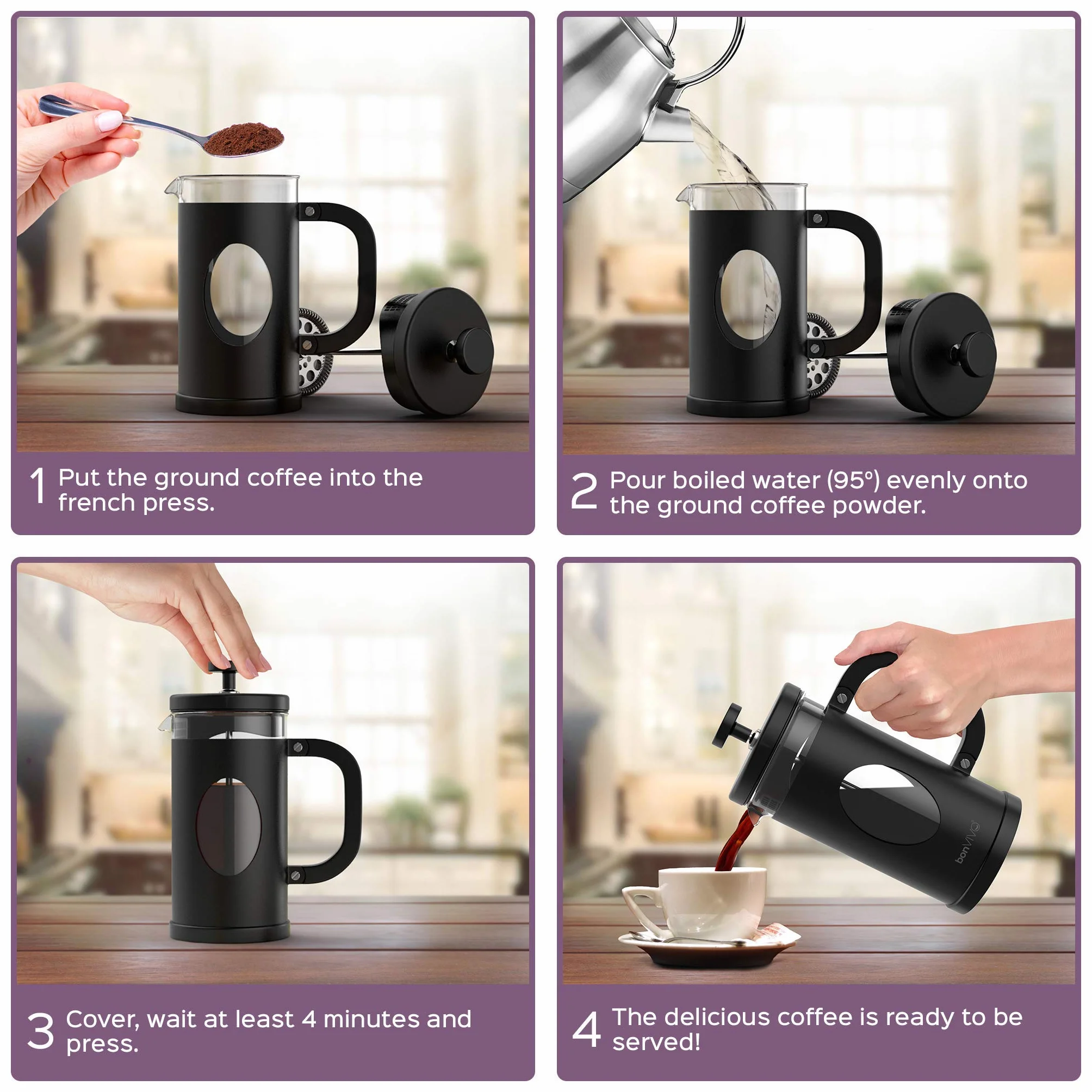 bonVIVO Cafetera Francesa 1 Litro (8 Tazas) – Prensa Francesa de Cristal Borosilicato con Filtro de Acero Inoxidable – French Press para Café, Té y Cold Brew – Negro