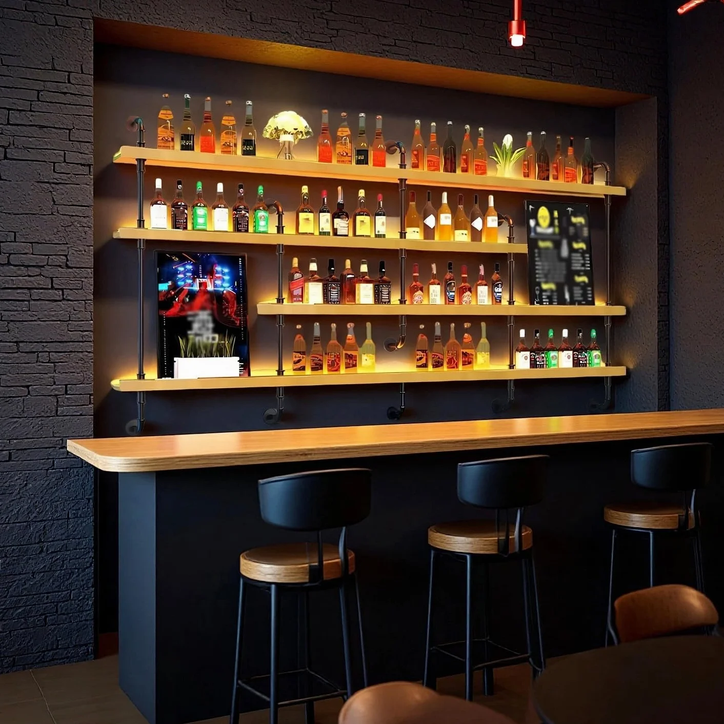 Estante de Vino montado en la Pared con luz, 4 Modernos estantes de Madera para Botellas de Licor, estantes flotantes, Organizador para Bar y Comedor (150×20×150CM Nuez)