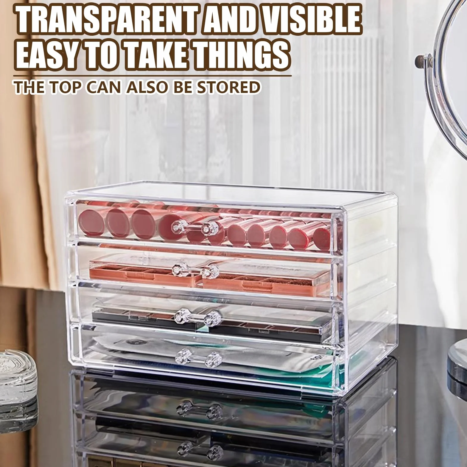 Organizador de Maquillaje Cosméticos Caja Grande 4 Cajones,Acrílico Transparente (4 Cajones)