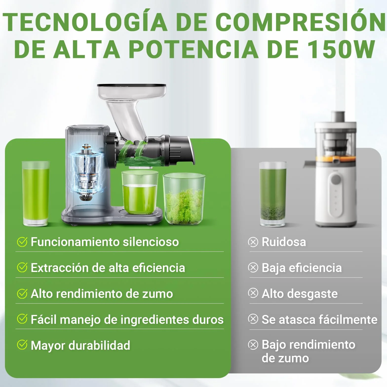 AMZCHEF Juicer Compacto Con Dos Modos De Alimentación Para Uun Uso Fácil - Extractor De Zumos Y Verduras Silencioso De Alta Tecnología Con Masticación Inversa Y Un Rendimiento De Zumo Ultra Alto
