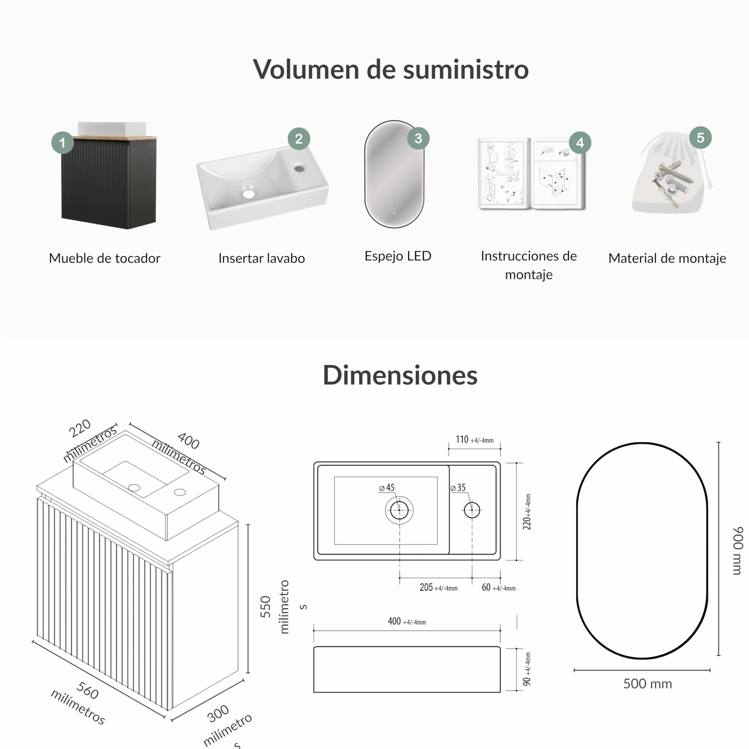 Planetmöbel Conjunto de muebles de baño Lavabo con mueble bajo 56 x 55 x 30 cm Antracita y roble dorado, espejo de baño con iluminación, 50 x 90 cm, espejo con marco, ovalado, 3 niveles de iluminación