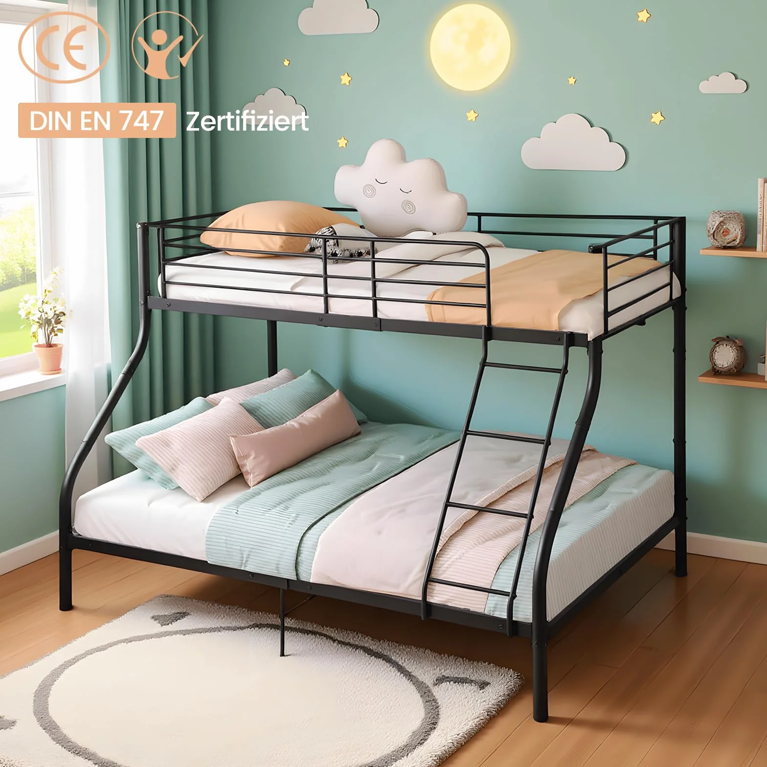 Litera de 90 x 200/140 x 200 cm con Somier, Cama Infantil con Escalera y Protección Anticaídas Cama Alta - Negro
