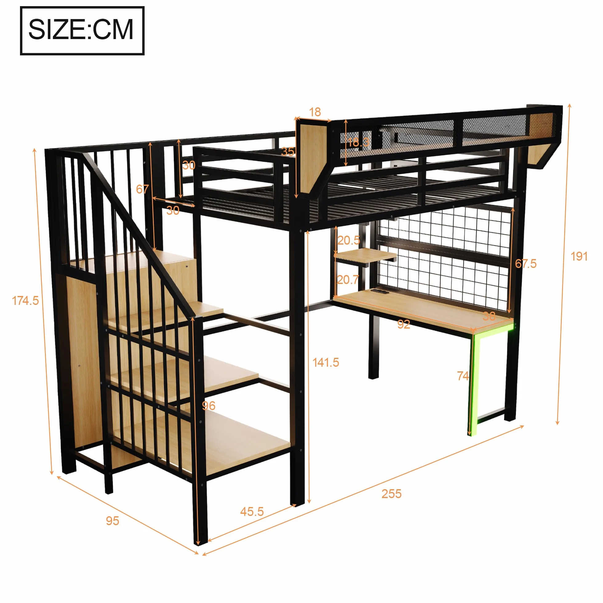 Cama alta de metal 90 × 200 con luces LED, enchufe, escritorio, estante, red de almacenamiento, litera para niños con escalera portaobjetos, estructura de cama individual, color negro