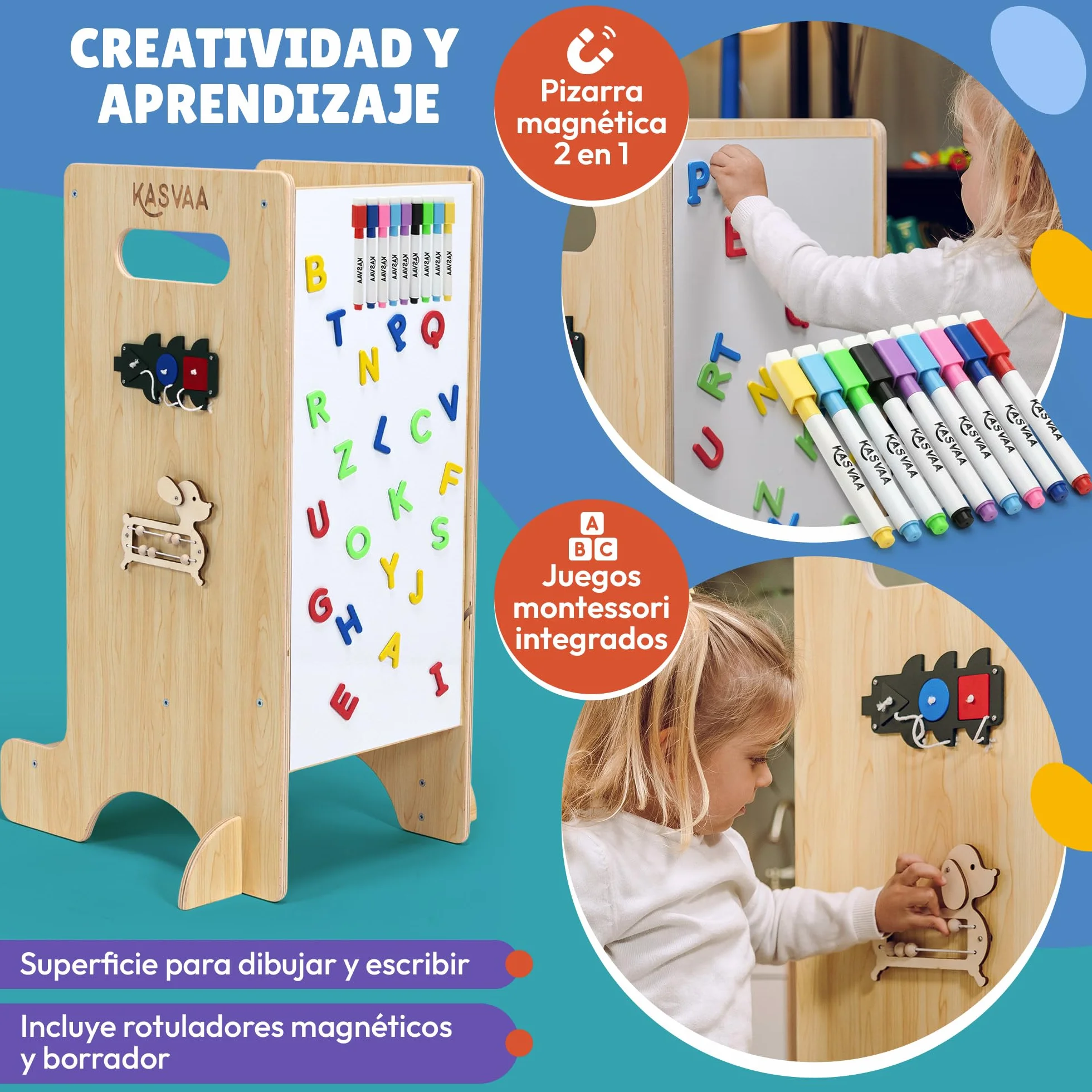 Torre de Aprendizaje Montessori 3 en 1 con Tobogán, Pizarra Magnética y 4 Juegos Laterales – Madera Multicapa, hasta 60 kg