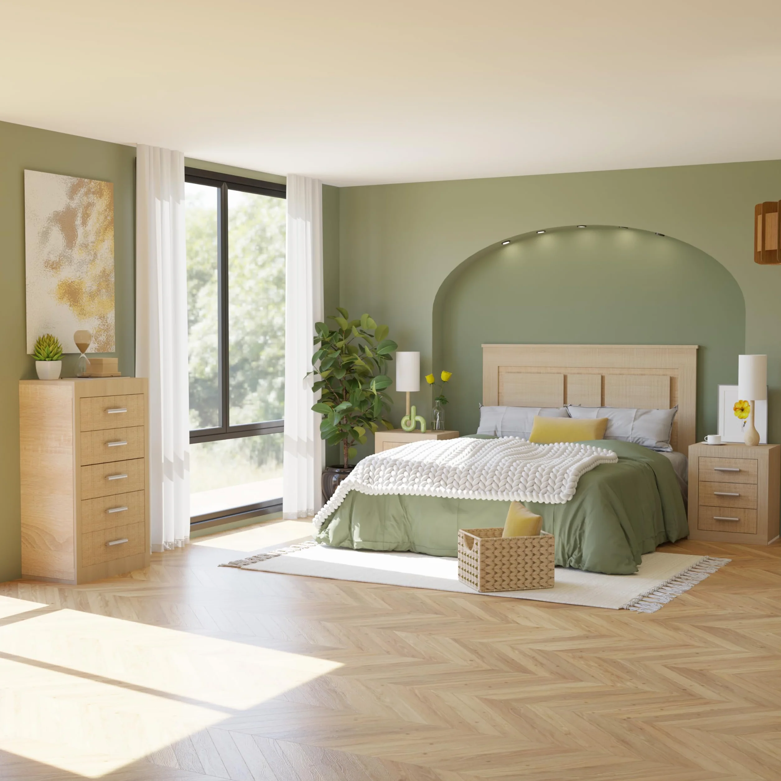 duehome | Pack de Dormitorio con Cabecero + 2 mesitas de Noche + Sinfonier + Espejo + Armario y Cajonera Interior, Dormitorio Completo, Modelo Kira 5c Plus, Acabado en Tofe y Textil
