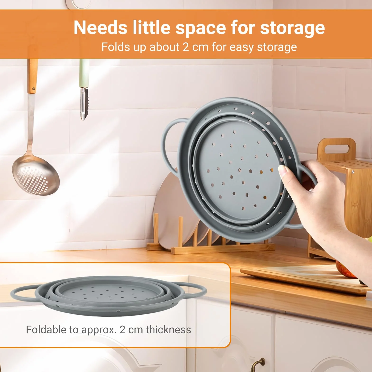 Escurridor de Cocina en Silicona Plegable 28x22.5cm, Resistente al Calor, Sin BPA para Pasta y Verduras