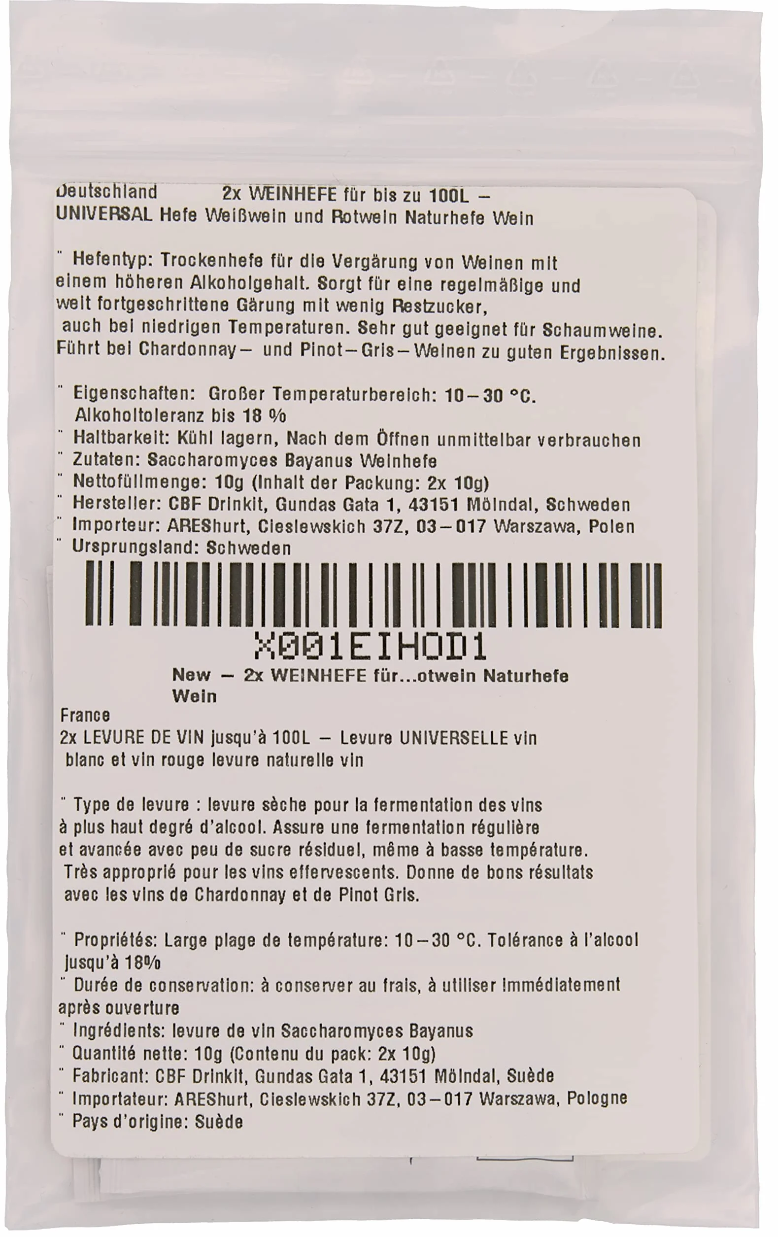 LEVADURA DE VINO natural universal para vino blanco y tinto hasta 100L