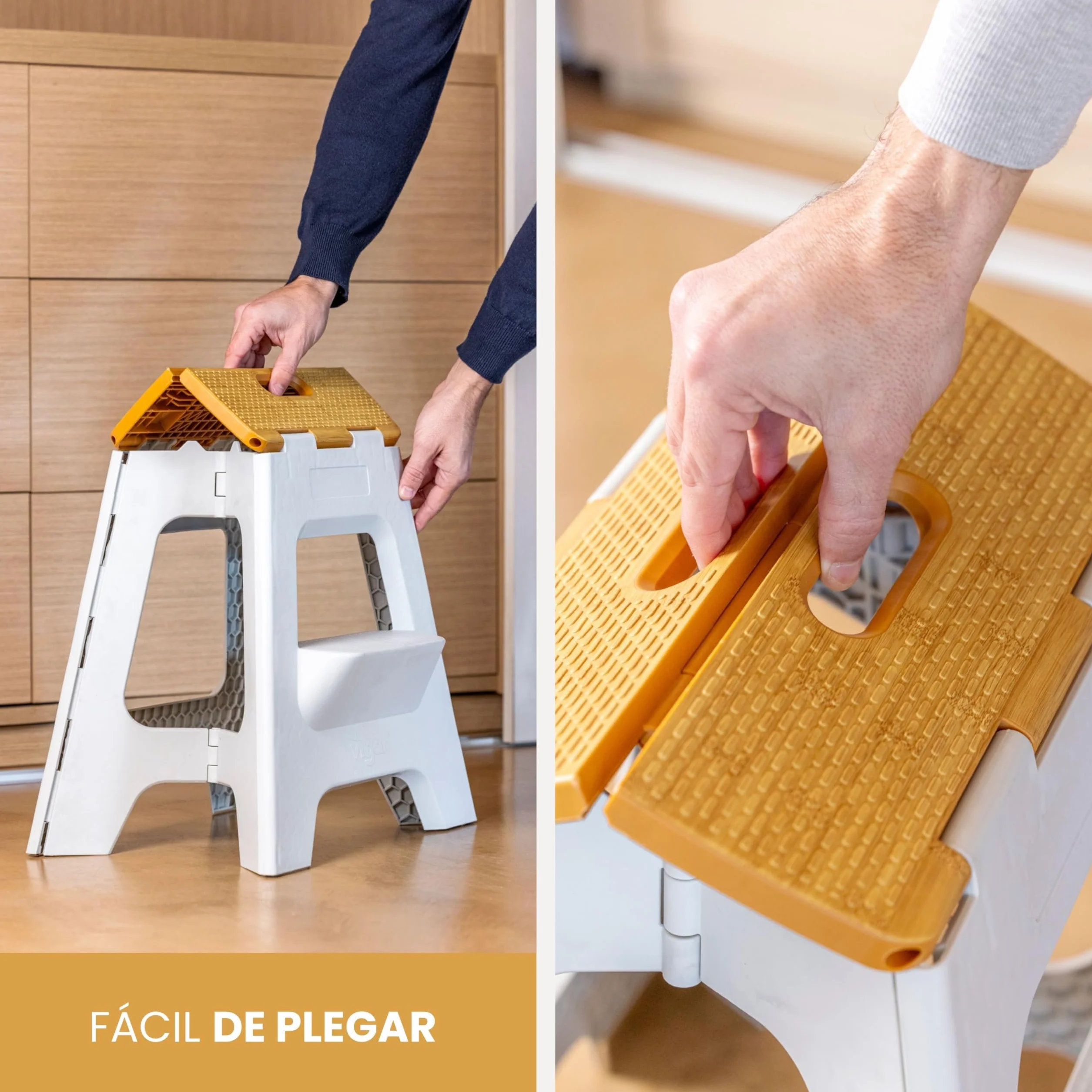 Vigar Taburete Plegable Portatil Compacto 40 cm Antideslizante de Dos Peldaños, Silla Banco para Casa Cocina Baño Oficina, 150 kg Gris Bamboo