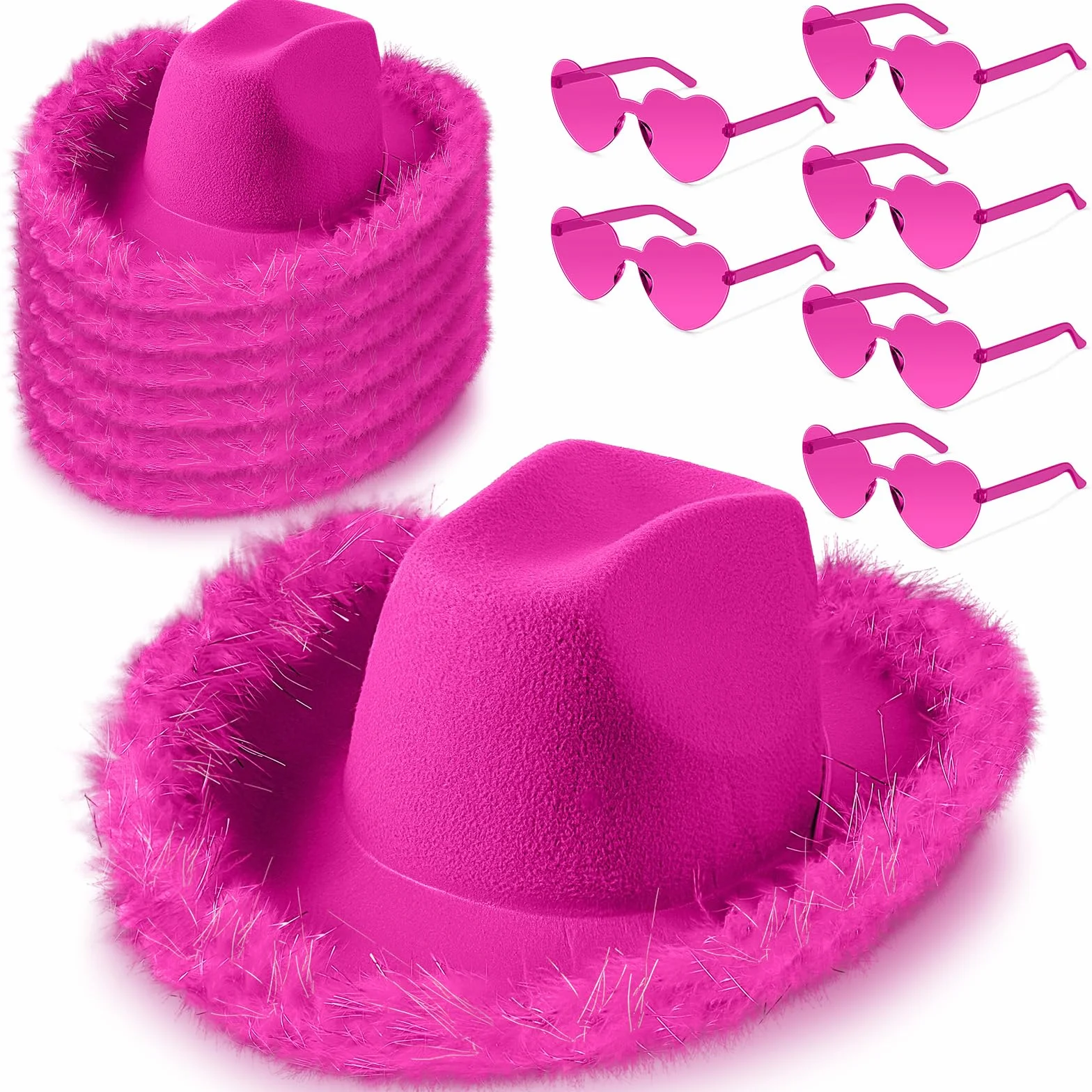 Zhanmai Juego de sombrero de vaquera con boa de plumas y gafas de sol de corazón para niñas, despedida de soltera, fiesta de disfraces