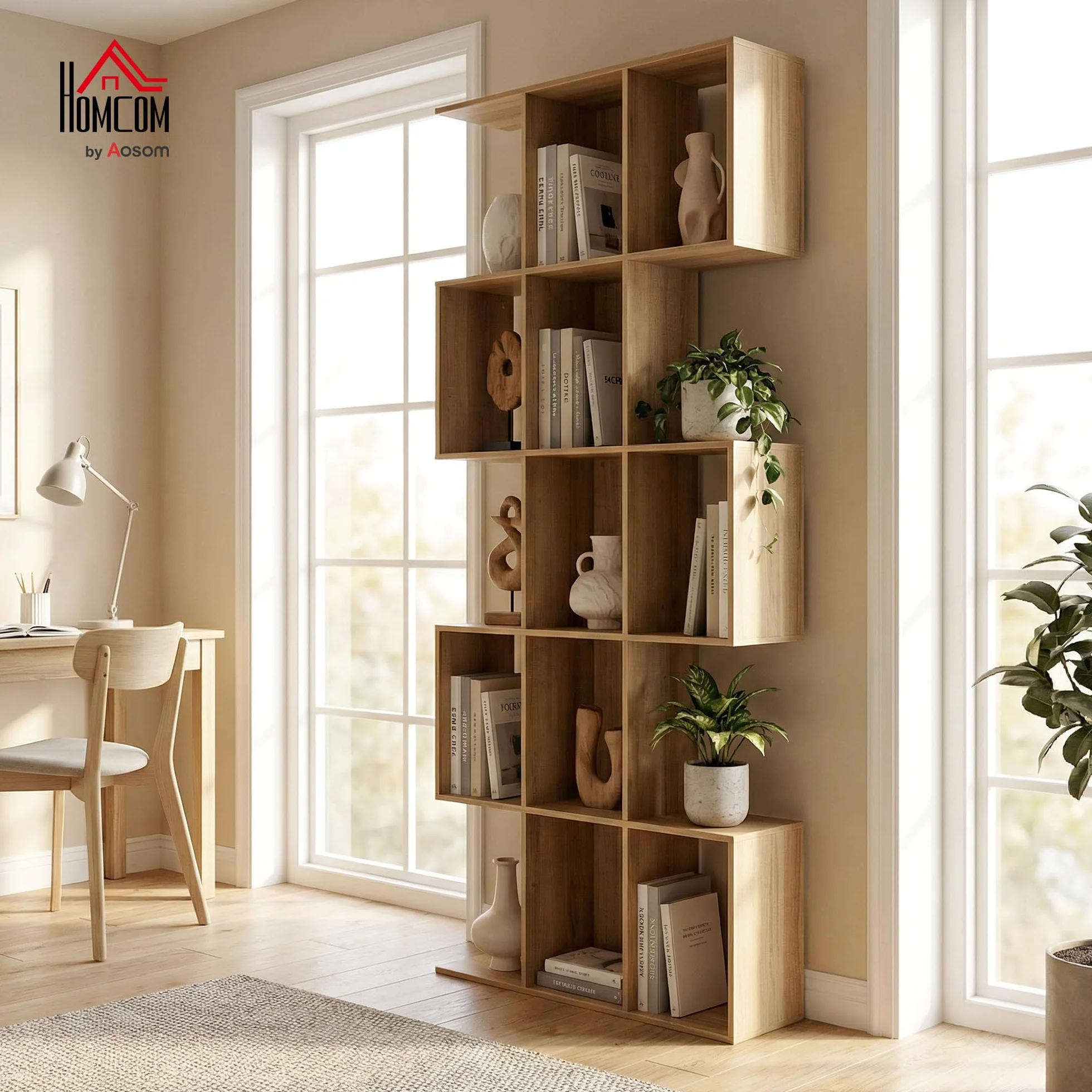 HOMCOM Estantería de 5 Niveles, Biblioteca Estrecha, Librería en Forma de S, para Salón, Dormitorio, Estudio, Oficina, 80x24x200 cm, Roble