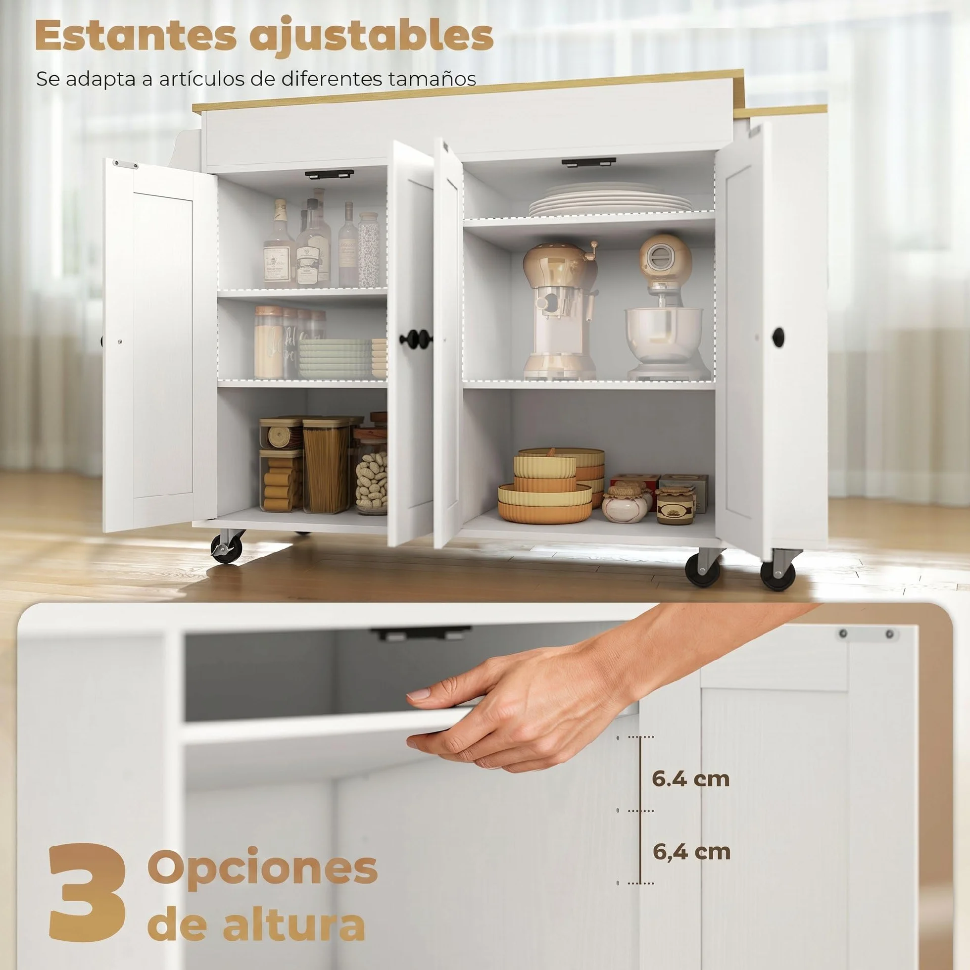 HOMCOM Isla de Cocina con Ruedas, Encimera Extensible, Carro de Cocina con 4 Puertas, Estantes Ajustables, Estantería Lateral Abierta, Especiero y Soporte para Toallas, para Comedor, Blanco