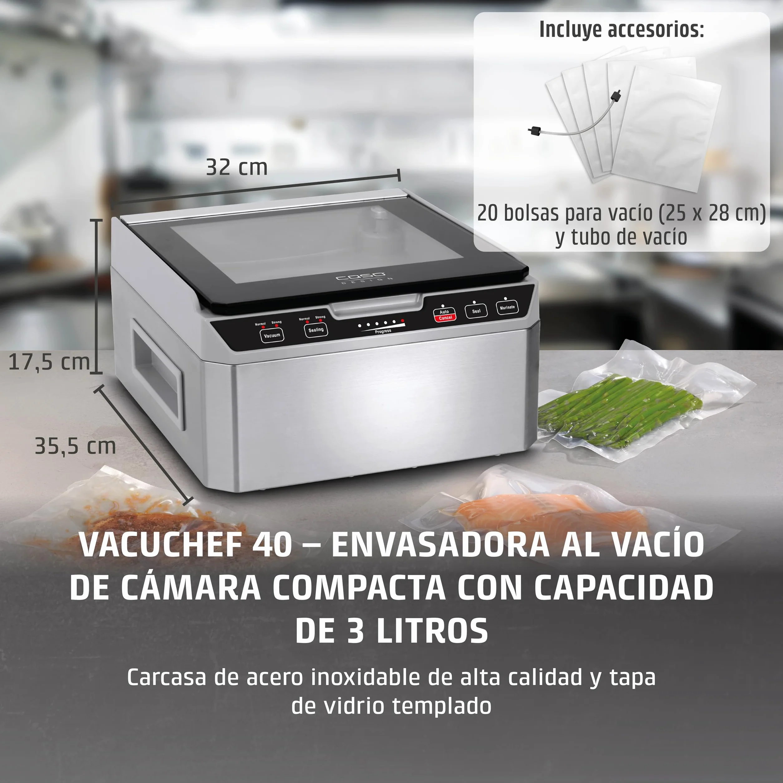 CASO VacuChef 40 - Envasadora al vacío profesional de cámara compacta - Potente capacidad de vacío de 70 L/min - Cámara con capacidad de 3 litros - acero inoxidable