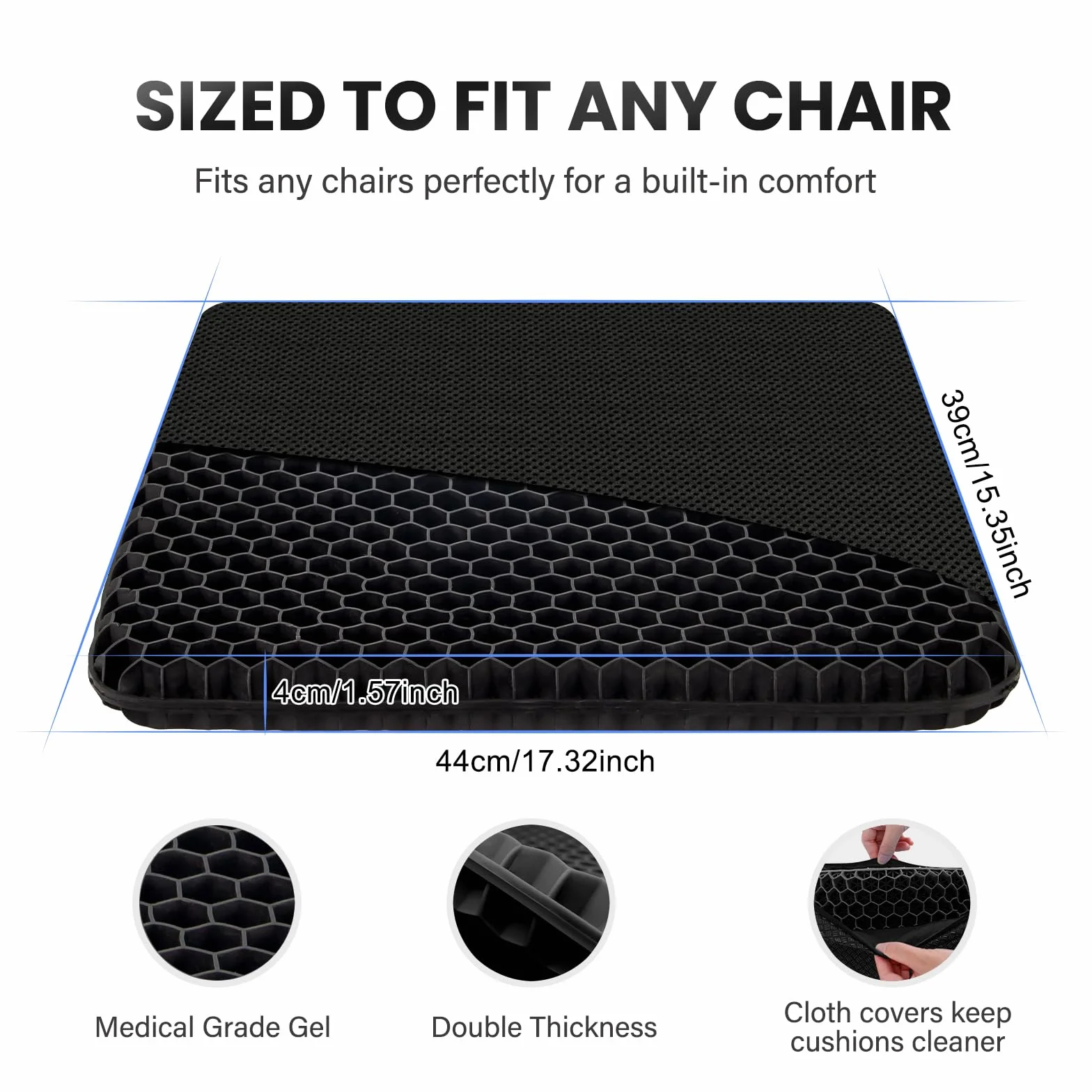 Cojin de Gel Grueso Antiescaras Antideslizante Transpirable para Silla Oficina Coche Hogar