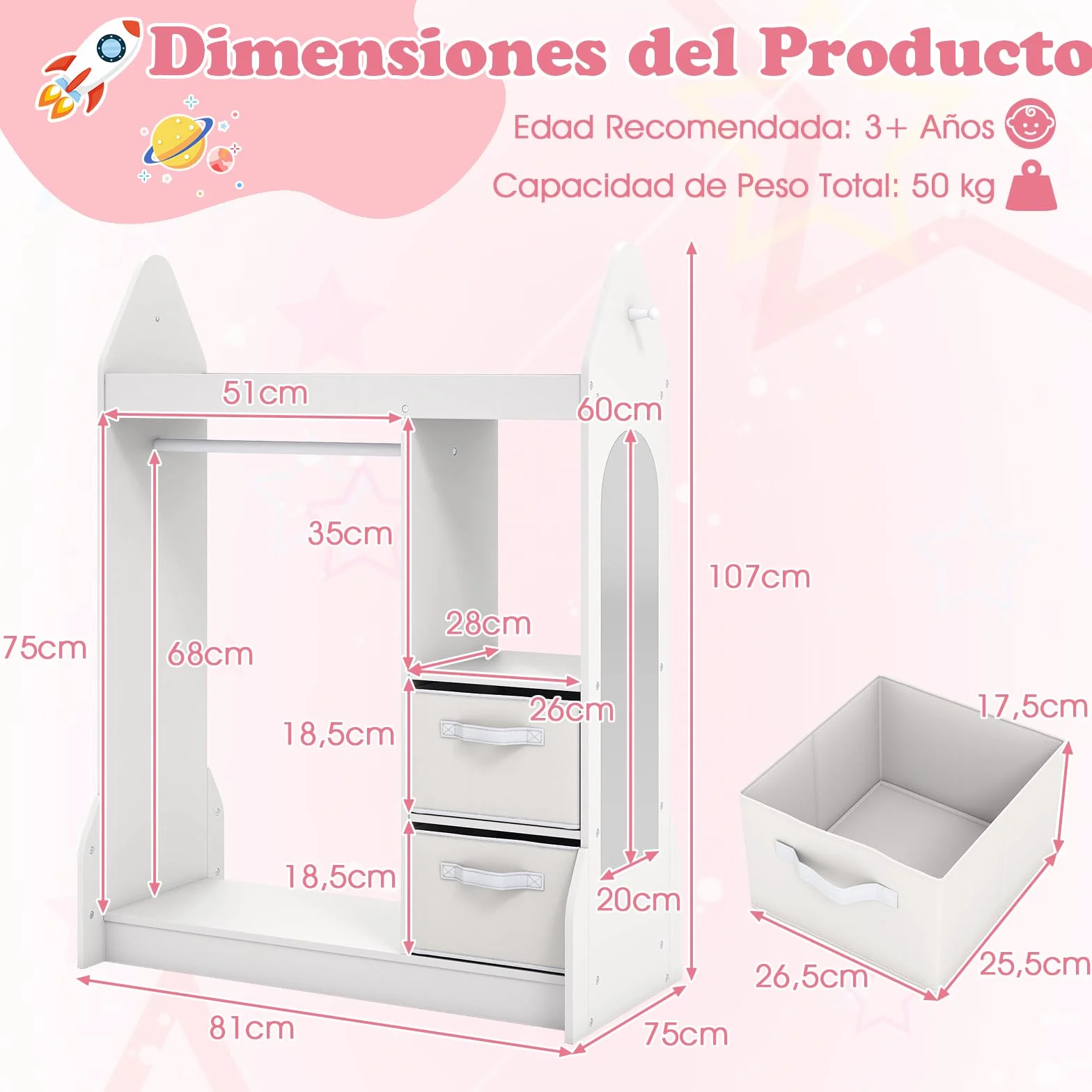 COSTWAY Armario de Almacenamiento Infantil con Espejo Acrílico y Perchero, Blanco