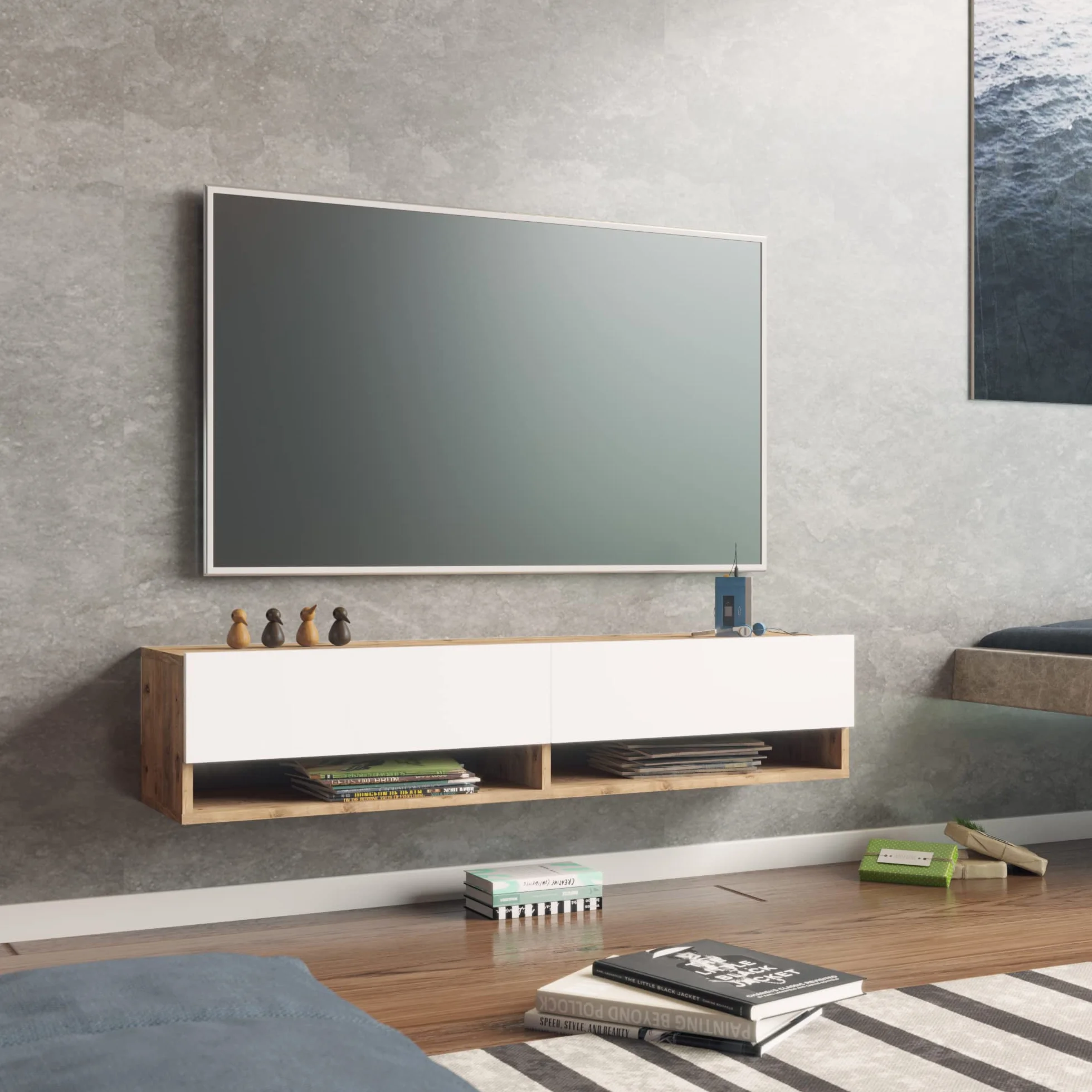 [en.casa] Mueble TV Suspendido con Espacio de Almacenaje Mesa Tele de Pared con 2 Puertas y 2 Estantes Aglomerado 140 x 32 x 30 cm Roble Rústico/Blanco