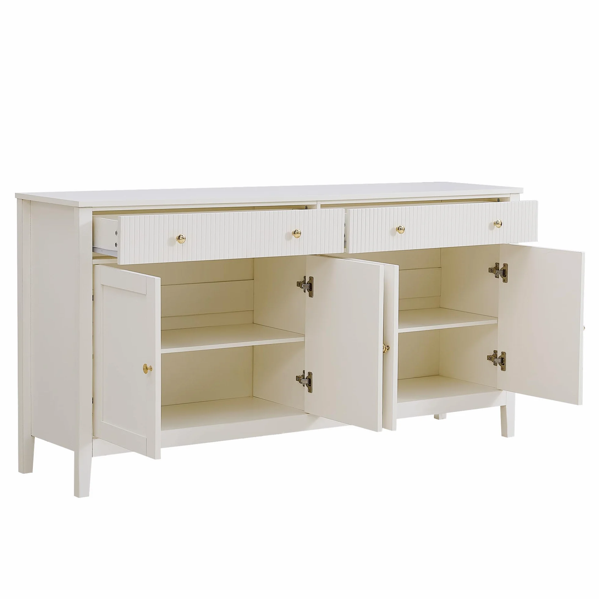 Aparador Blanco Elegante con 2 Cajones y 4 Puertas, Armario Cocina Aparadores para Salon con Estante y 5 Patas, Aparador Entrada Mueble Auxiliar Comedor, 160x40x82 cm, Blanco