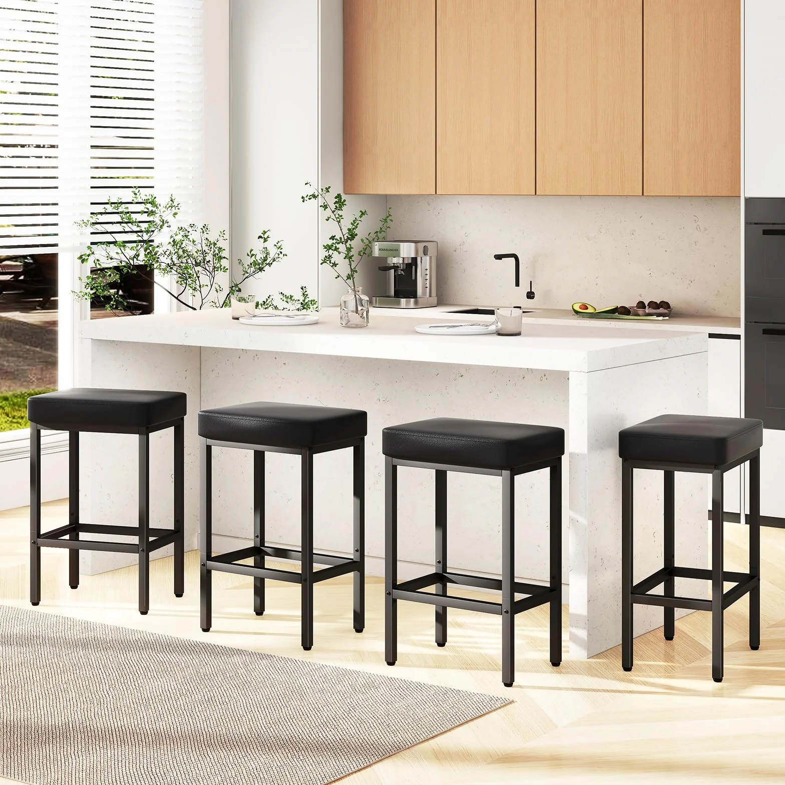 YMYNY 66 cm Taburetes Altos de Cocina, Negro Cuero de PU Taburete Alto, Taburetes de Cocina con Cojín de 6 cm De Grosor y Base de Metal, HBS513B-2