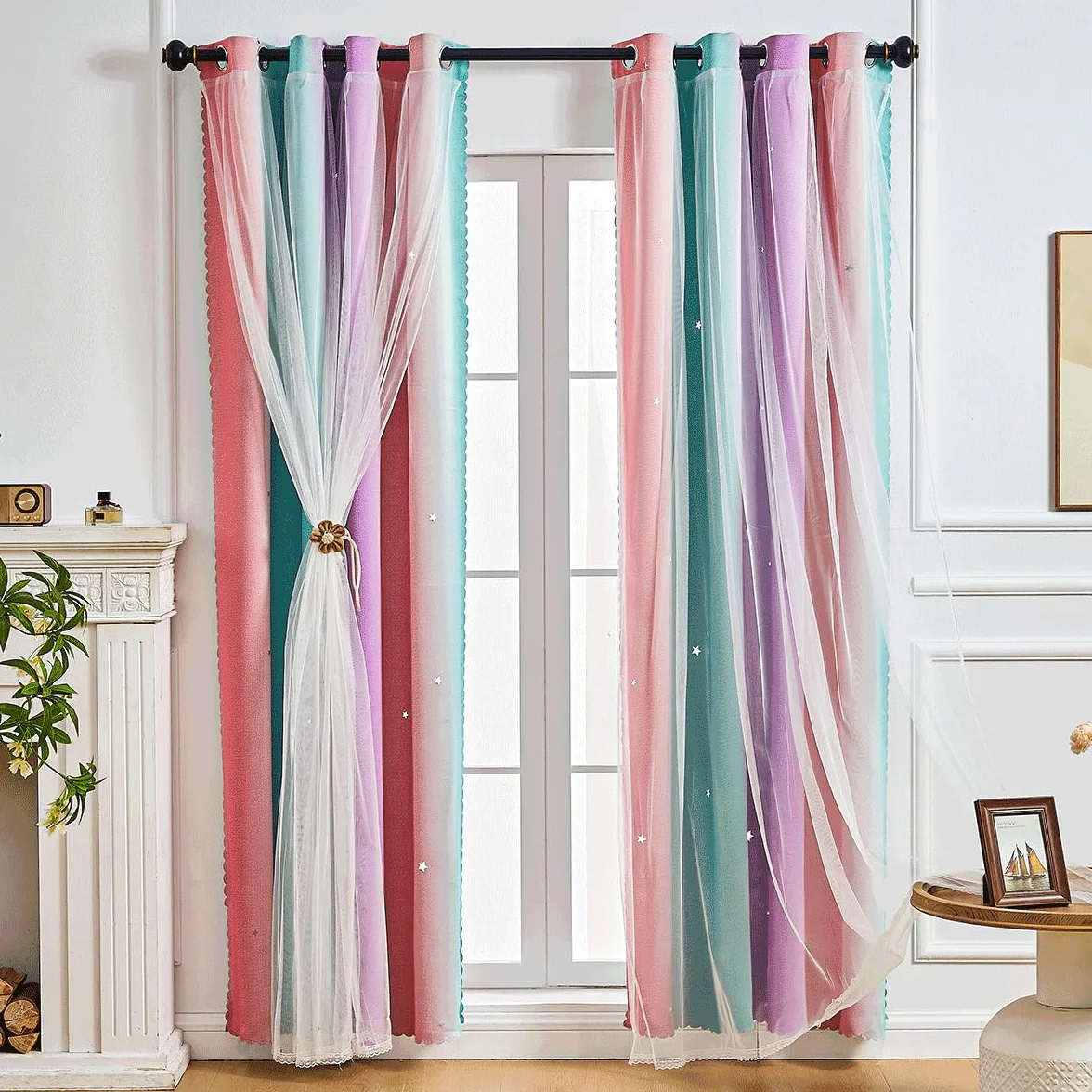 Cortinas Opacas Arcoíris 2 Paneles Princesas Niñas Decorativas Dormitorio Unicornio Rosa Púrpura Verde 132x213 cm