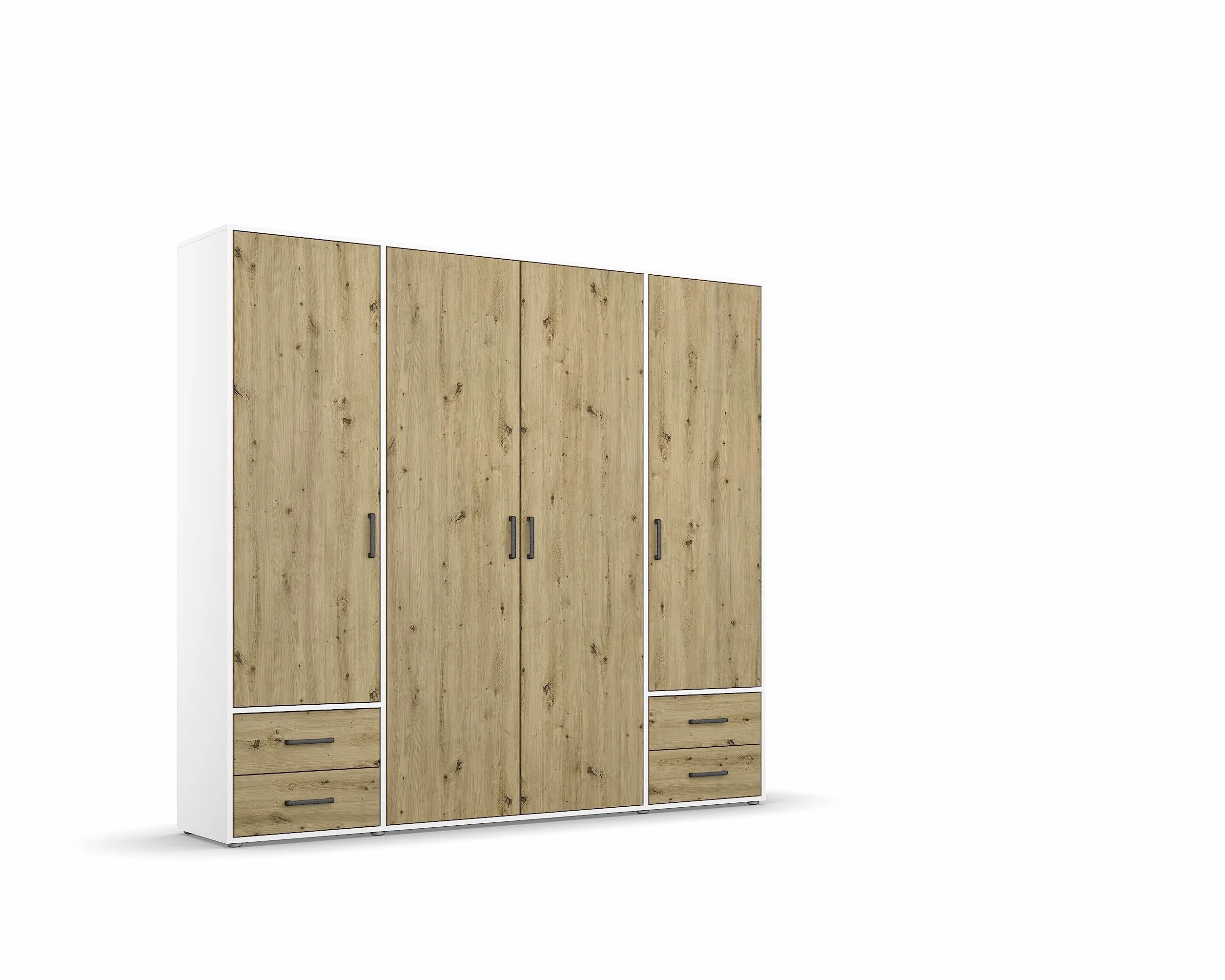 Rauch Möbel Voyager - Armario de 4 Puertas con 4 cajones (Roble Artisan/Blanco Alpino, Incluye 1 Barra para Colgar, 5 estantes, 187 x 194 x 53 cm)