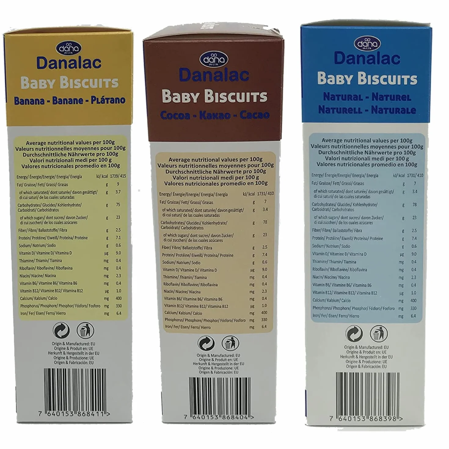 DANALAC Galletas de bebé 120g Paquete combinado 2 plátano 2 cacao 2 natural Aperitivos niños 6 meses calcio hierro vitaminas