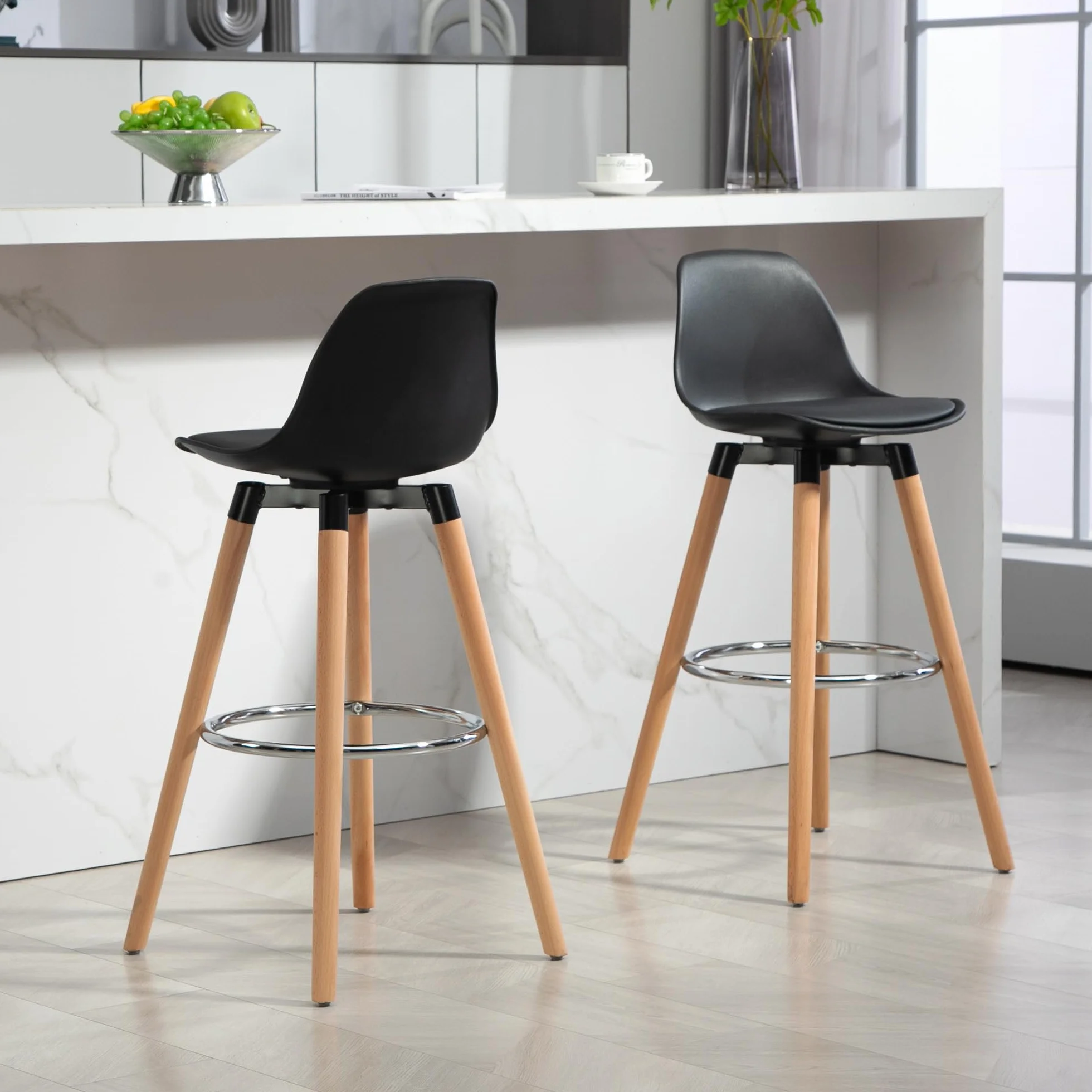 HOMCOM Juego de 2 Taburetes Altos de Cocina Altura Asiento 69 cm Taburetes de Bar Sillas Altas de Cocina Tapizado en PU con Respaldo Patas de Madera para Comedor Negro