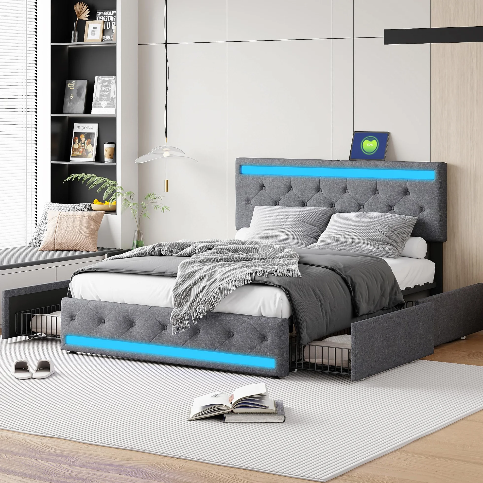 KeepGoon Cama Doble de 180 x 200 cm, Cama Acolchada con 4 cajones de Hierro, Largo Puerto USB y Barra para lámpara de Noche, Cama de Almacenamiento, con somier, Tela de Lino, cabecero Ajustable